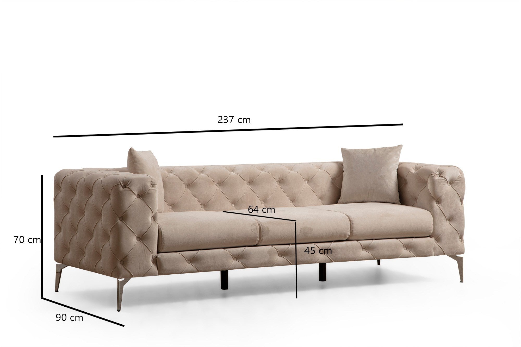 Sofá moderno de 3 lugares, cru, 237 cm | Estrutura em madeira de faia, 100% poliéster, pernas cromadas | Inclui 2 almofadas, capas removíveis, design elegante e confortável