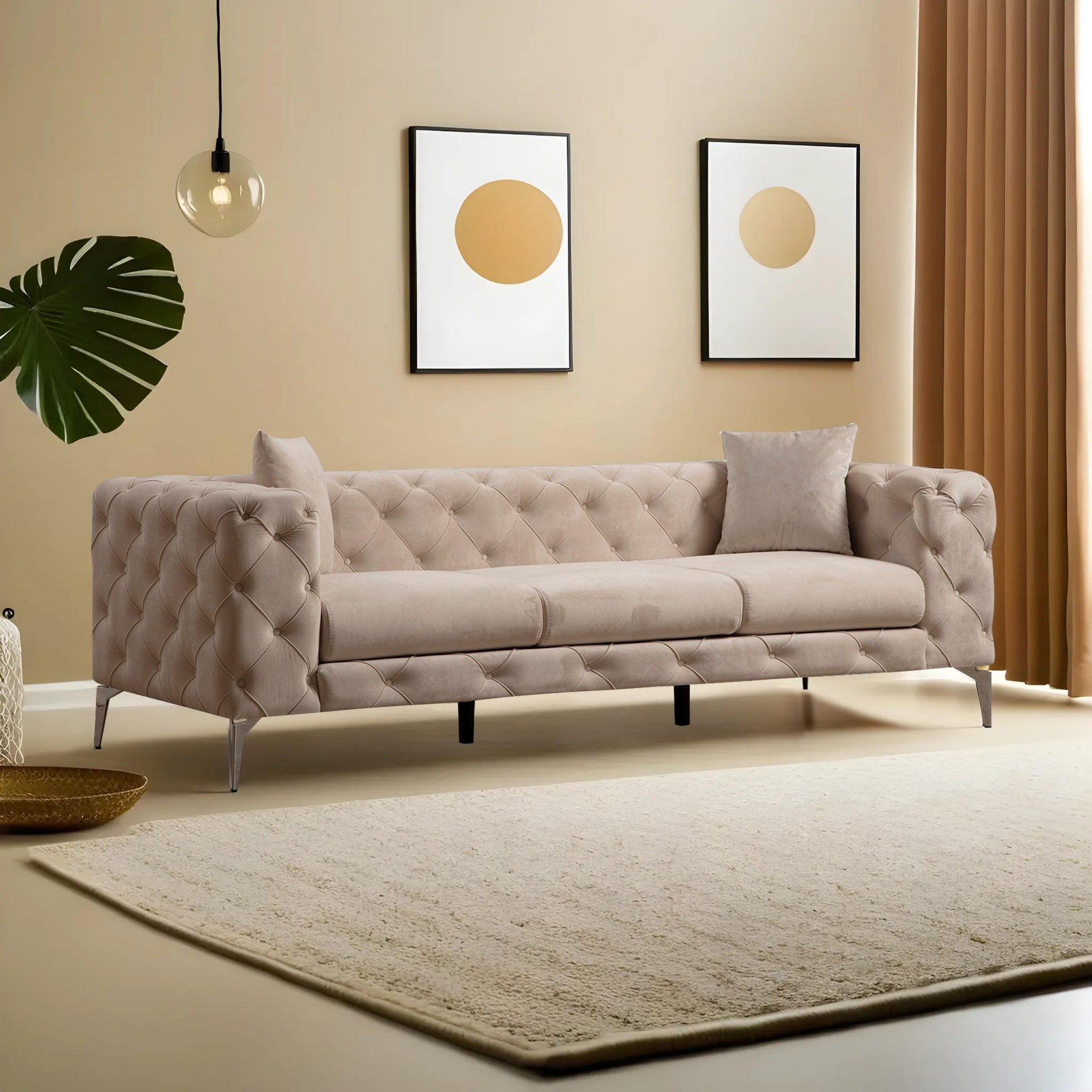Sofá moderno de 3 lugares, cru, 237 cm | Estrutura em madeira de faia, 100% poliéster, pernas cromadas | Inclui 2 almofadas, capas removíveis, design elegante e confortável