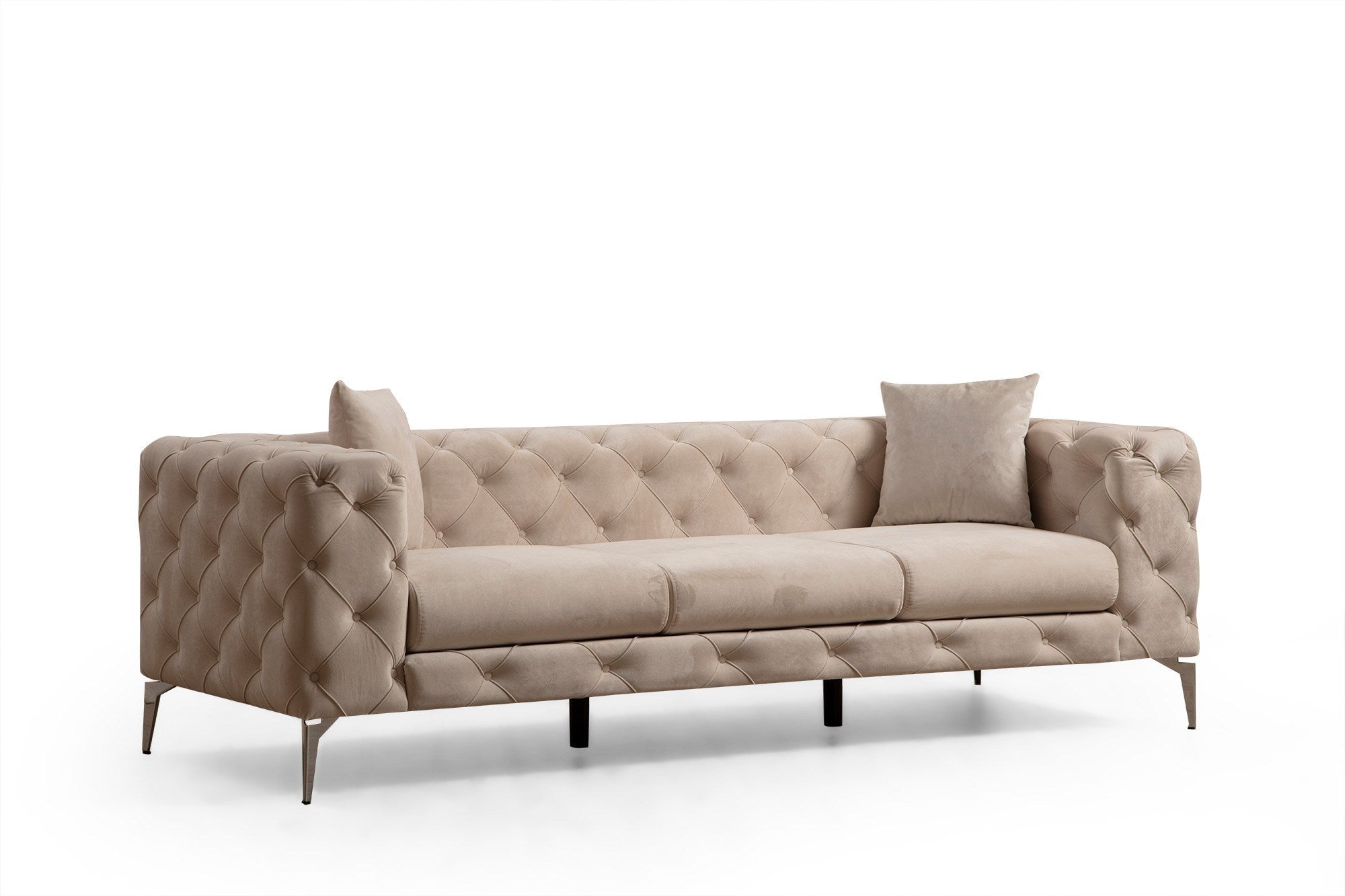 Sofá moderno de 3 lugares, cru, 237 cm | Estrutura em madeira de faia, 100% poliéster, pernas cromadas | Inclui 2 almofadas, capas removíveis, design elegante e confortável