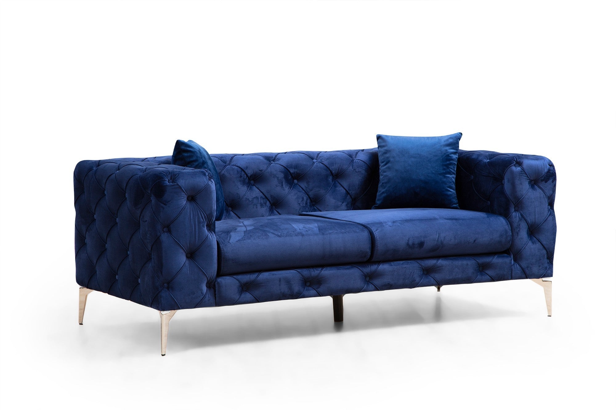 Sofá moderno de 2 lugares, azul-marinho, 197 x 90 x 70 cm | Estrutura em madeira de faia, 100% poliéster, pernas cromadas | Inclui 2 almofadas, capas removíveis, elegante e confortável
