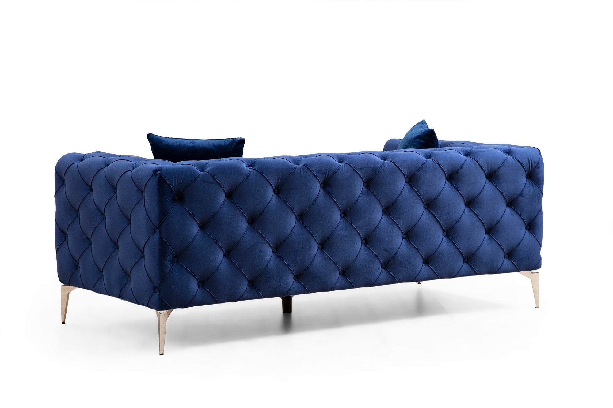 Sofá moderno de 2 lugares, azul-marinho, 197 x 90 x 70 cm | Estrutura em madeira de faia, 100% poliéster, pernas cromadas | Inclui 2 almofadas, capas removíveis, elegante e confortável