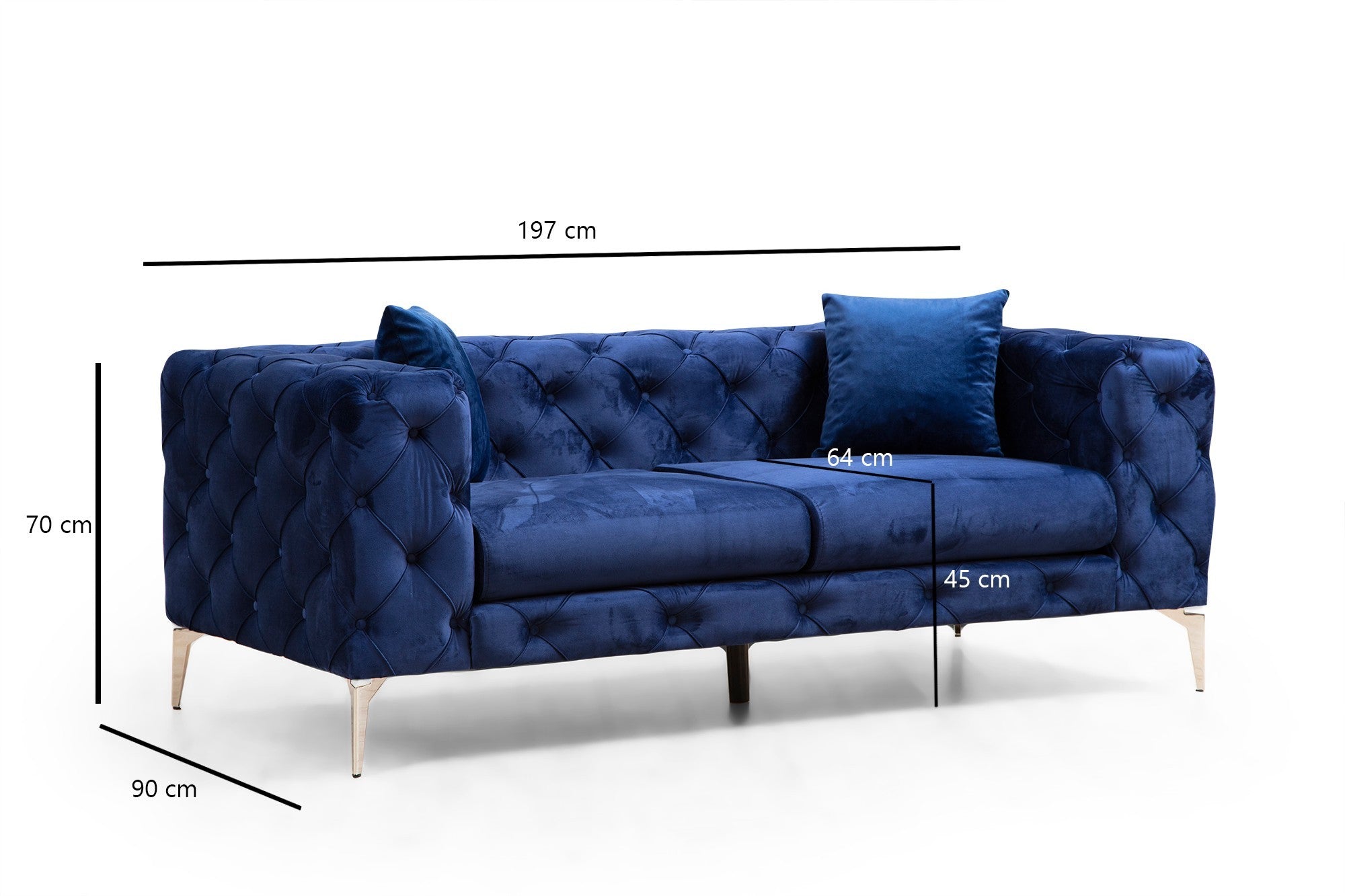 Sofá moderno de 2 lugares, azul-marinho, 197 x 90 x 70 cm | Estrutura em madeira de faia, 100% poliéster, pernas cromadas | Inclui 2 almofadas, capas removíveis, elegante e confortável