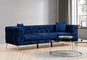 Sofá moderno de 3 lugares, azul-marinho, estrutura em madeira de faia e aglomerado | 100% poliéster, pernas cromadas, almofadas removíveis, inclui 2 travesseiros | Elegante e confortável