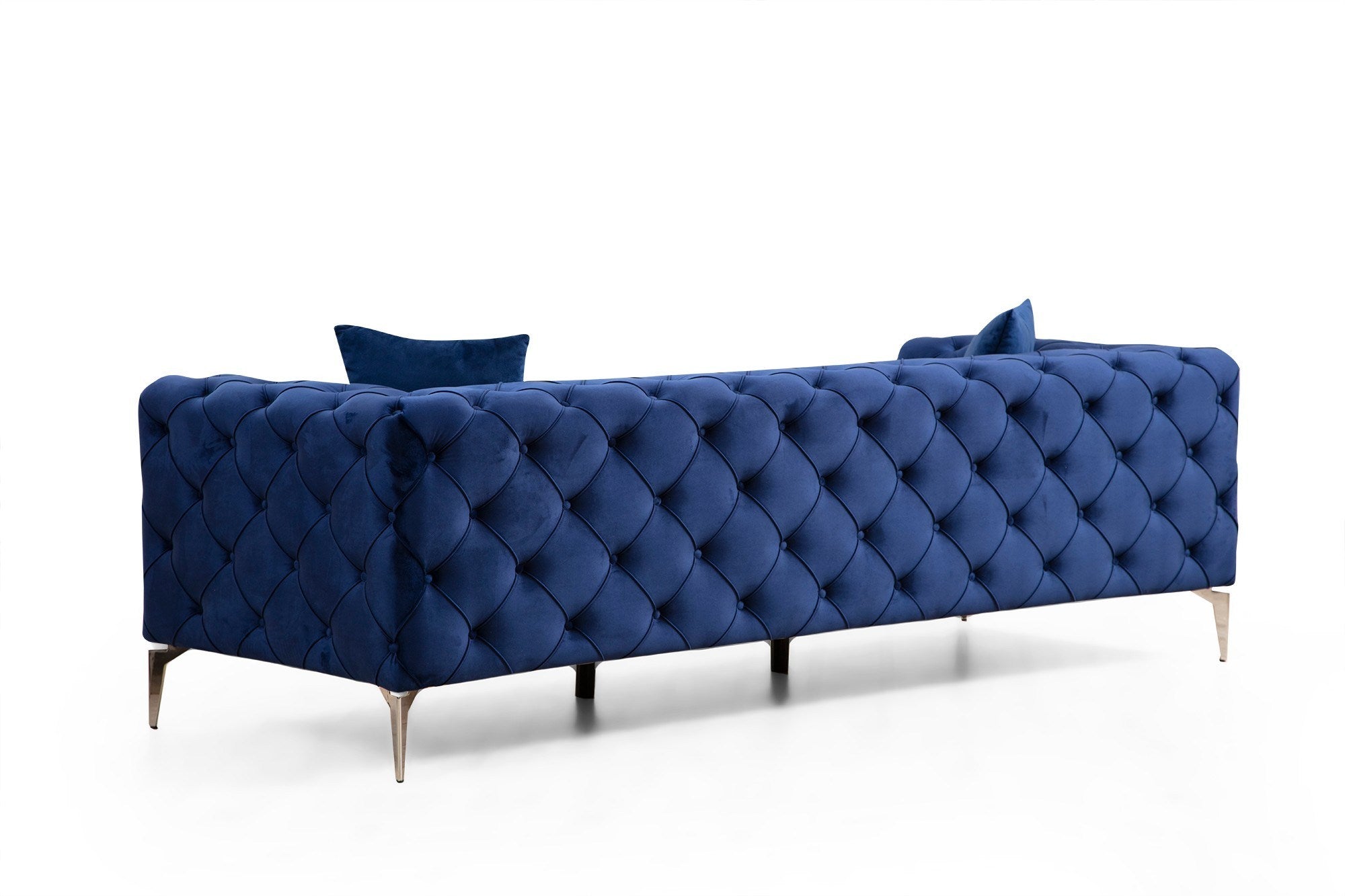 Sofá moderno de 3 lugares, azul-marinho, estrutura em madeira de faia e aglomerado | 100% poliéster, pernas cromadas, almofadas removíveis, inclui 2 travesseiros | Elegante e confortável