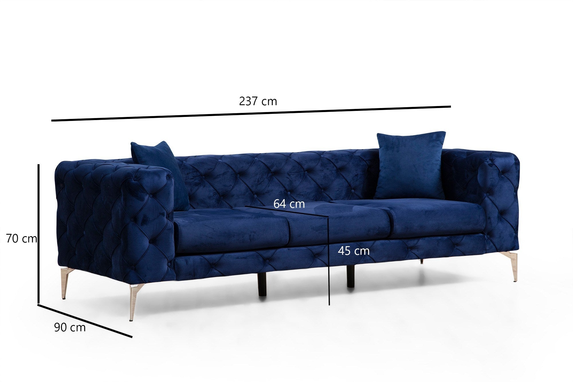 Sofá moderno de 3 lugares, azul-marinho, estrutura em madeira de faia e aglomerado | 100% poliéster, pernas cromadas, almofadas removíveis, inclui 2 travesseiros | Elegante e confortável