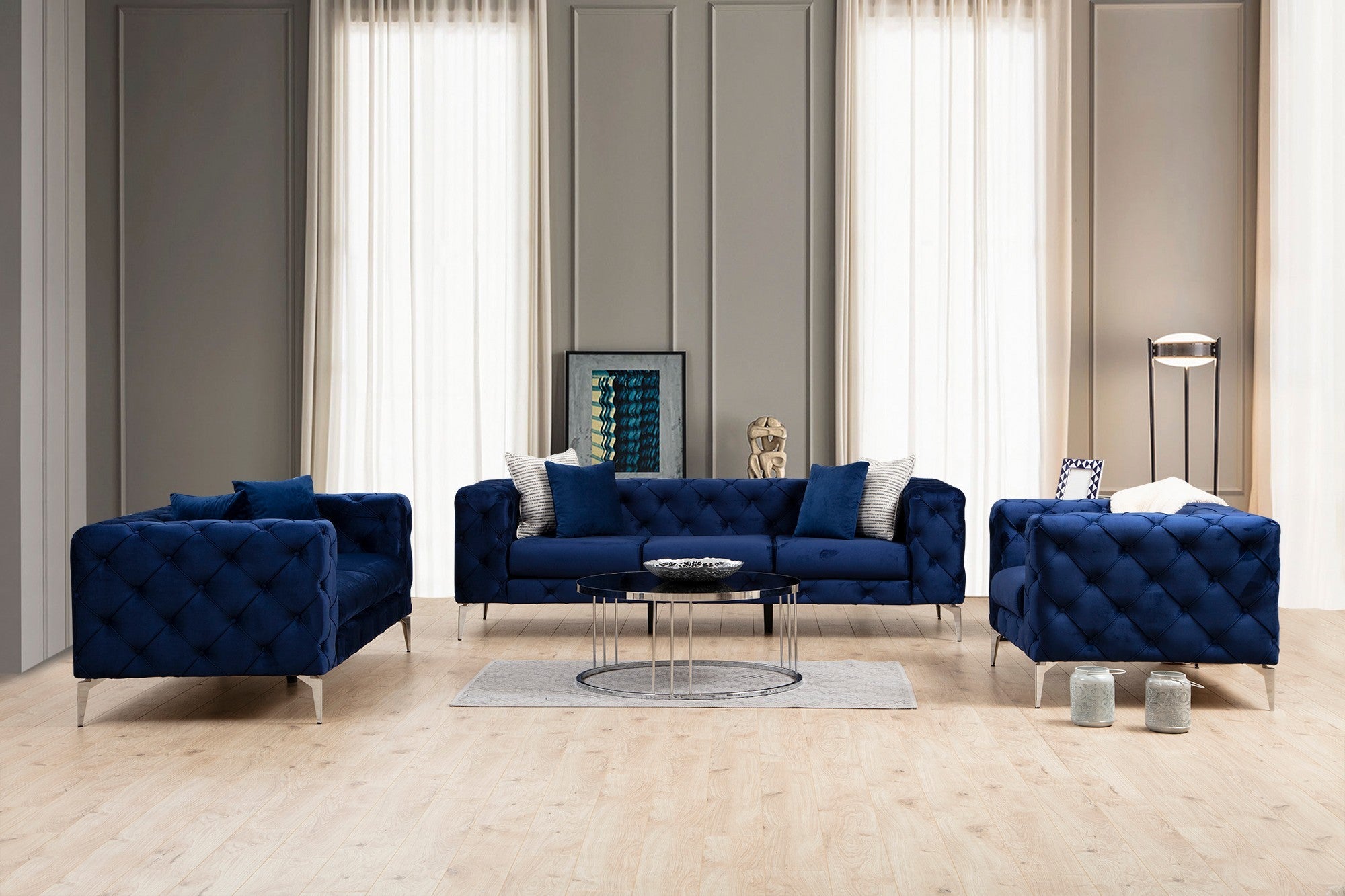 Sofá moderno de 3 lugares, azul-marinho, estrutura em madeira de faia e aglomerado | 100% poliéster, pernas cromadas, almofadas removíveis, inclui 2 travesseiros | Elegante e confortável