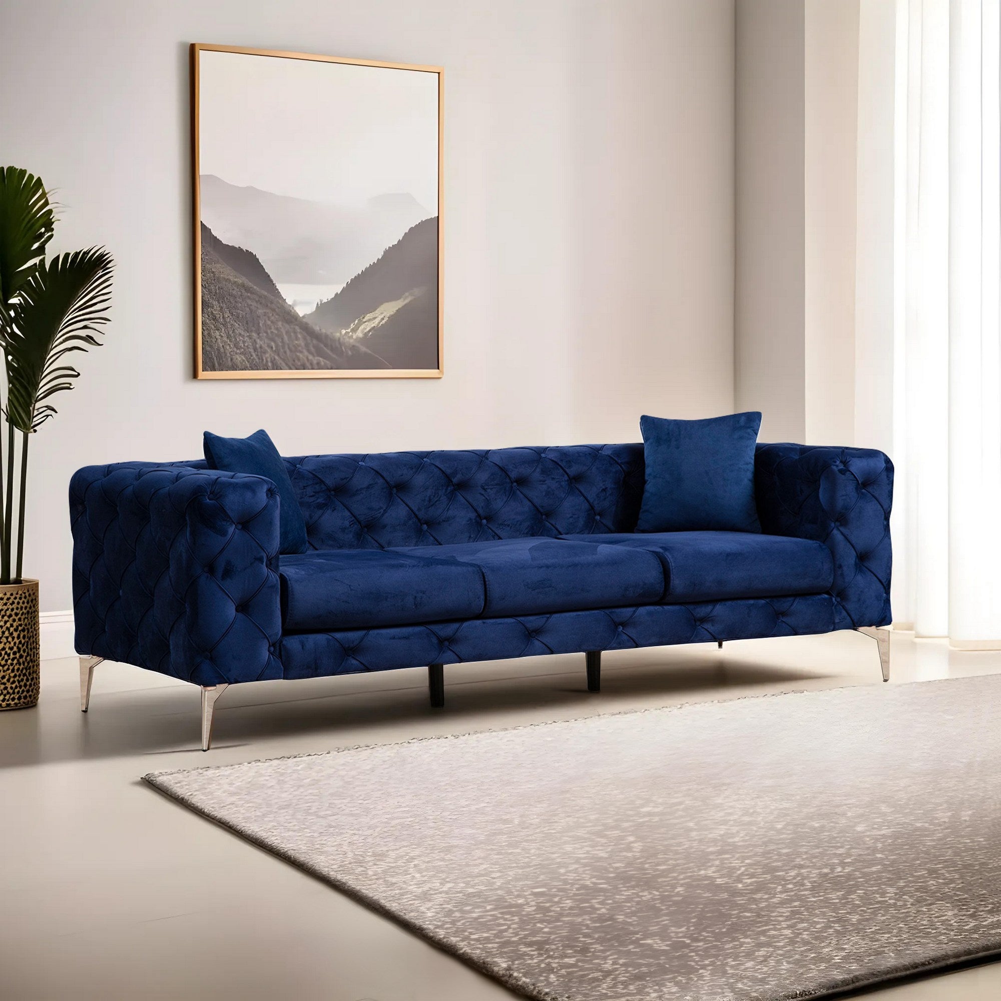 Sofá moderno de 3 lugares, azul-marinho, estrutura em madeira de faia e aglomerado | 100% poliéster, pernas cromadas, almofadas removíveis, inclui 2 travesseiros | Elegante e confortável