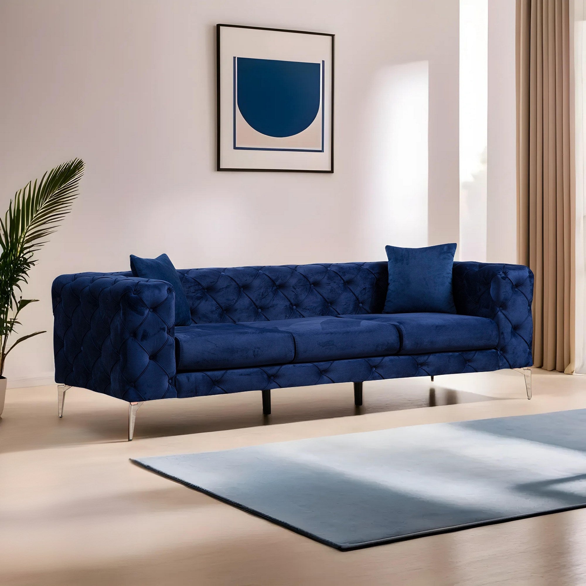 Sofá moderno de 3 lugares, azul-marinho, estrutura em madeira de faia e aglomerado | 100% poliéster, pernas cromadas, almofadas removíveis, inclui 2 travesseiros | Elegante e confortável