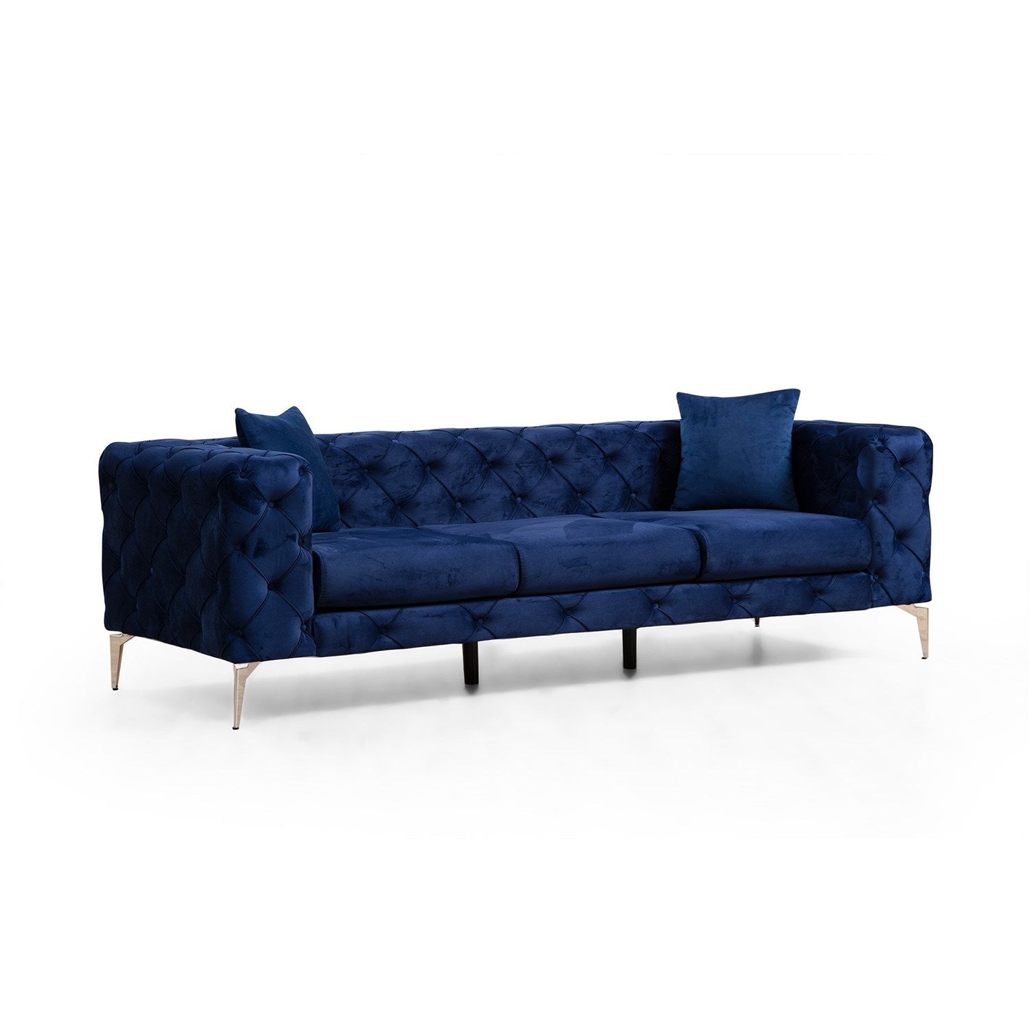 Sofá moderno de 3 lugares, azul-marinho, estrutura em madeira de faia e aglomerado | 100% poliéster, pernas cromadas, almofadas removíveis, inclui 2 travesseiros | Elegante e confortável