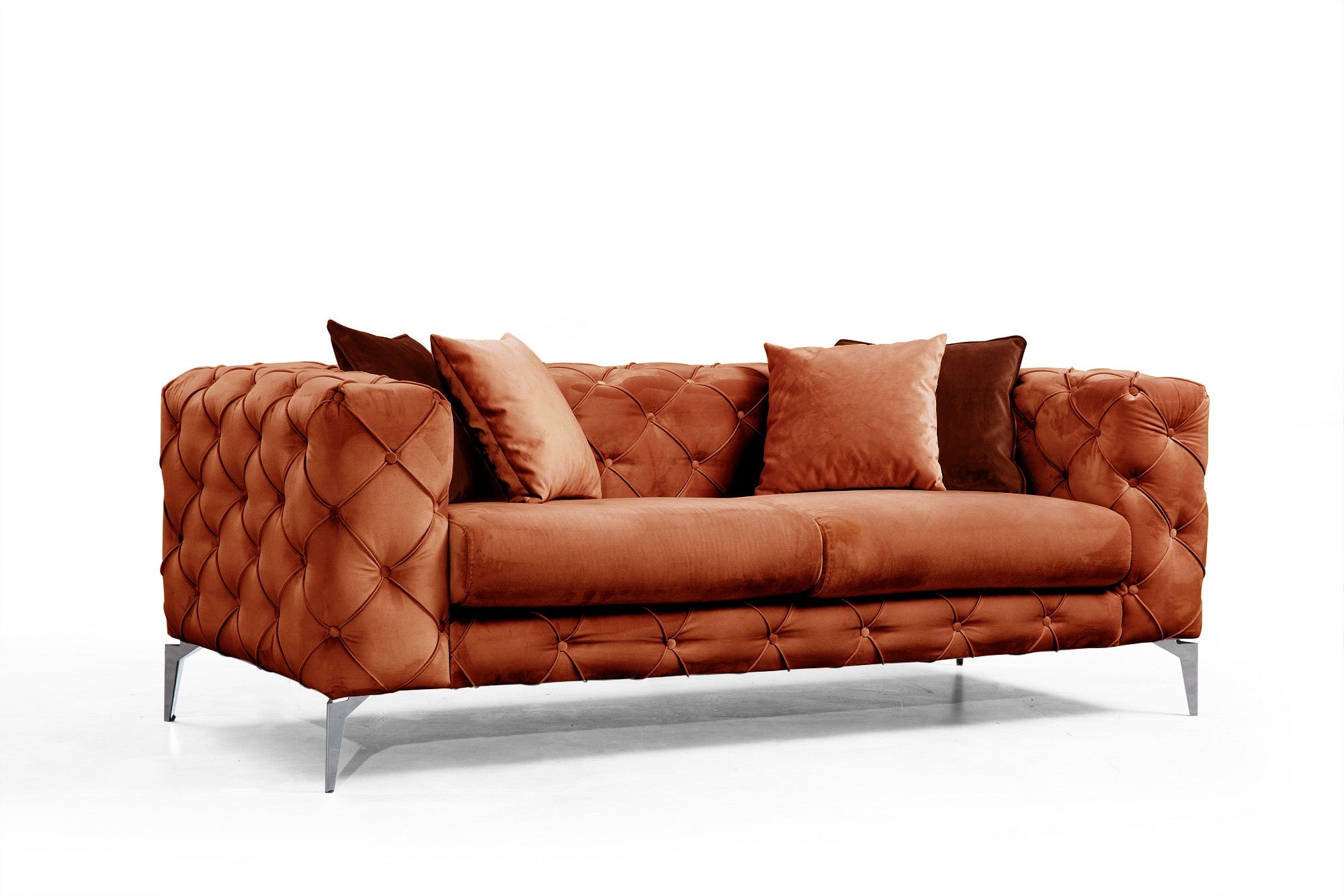 Sofá moderno de 2 lugares, laranja, 197 cm | Estrutura em madeira de faia, 100% poliéster, capas removíveis, pernas de metal preto, inclui 2 almofadas | Elegante e confortável