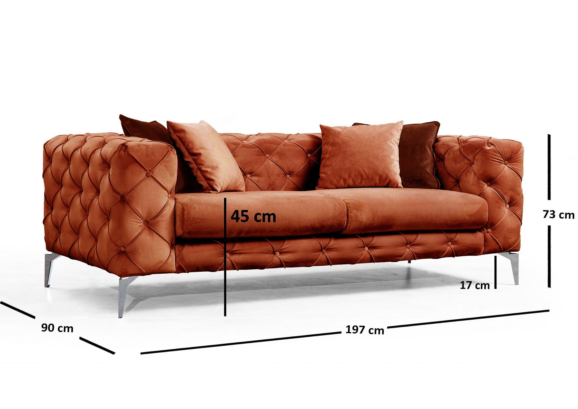 Sofá moderno de 2 lugares, laranja, 197 cm | Estrutura em madeira de faia, 100% poliéster, capas removíveis, pernas de metal preto, inclui 2 almofadas | Elegante e confortável