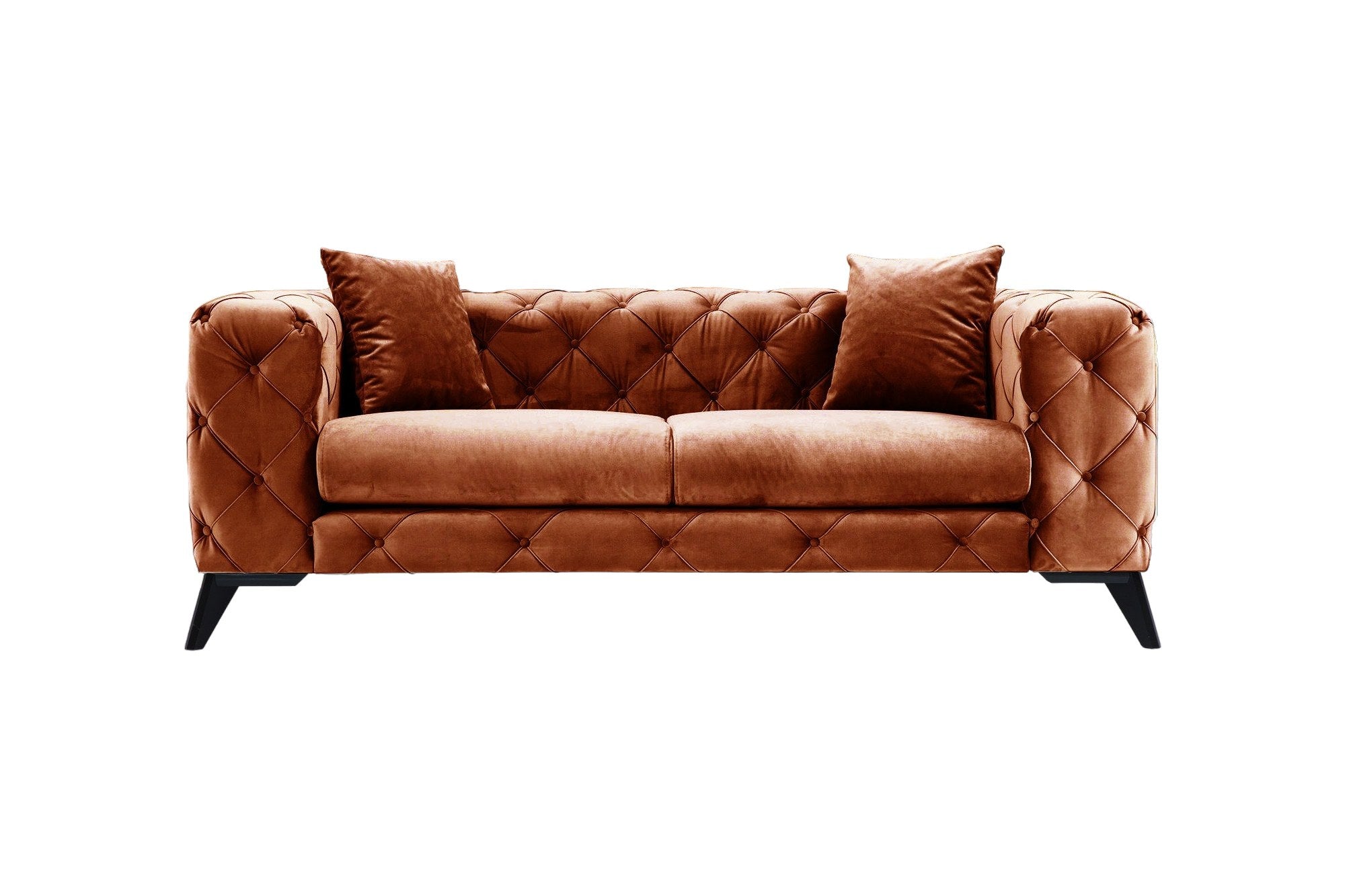 Sofá moderno de 2 lugares, laranja, 197 cm | Estrutura em madeira de faia, 100% poliéster, capas removíveis, pernas de metal preto, inclui 2 almofadas | Elegante e confortável