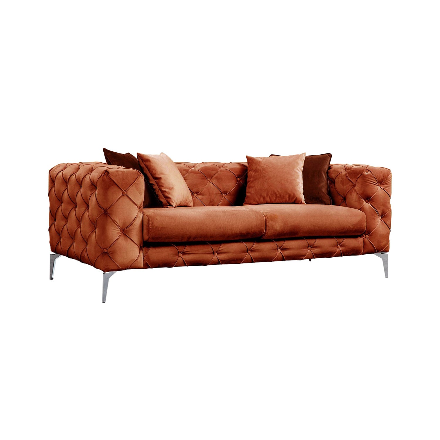 Sofá moderno de 2 lugares, laranja, 197 cm | Estrutura em madeira de faia, 100% poliéster, capas removíveis, pernas de metal preto, inclui 2 almofadas | Elegante e confortável