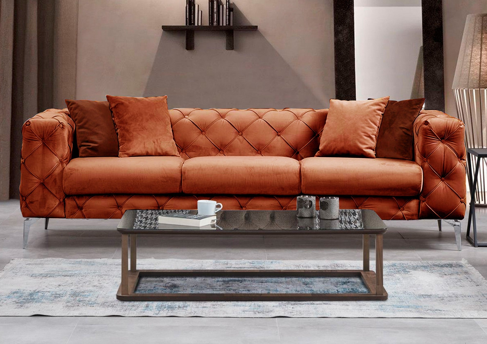 Sofá moderno de 3 lugares, laranja, 237 cm | Estrutura em madeira de faia, 100% poliéster, pernas cromadas | Inclui 4 almofadas, capas removíveis, elegante e confortável