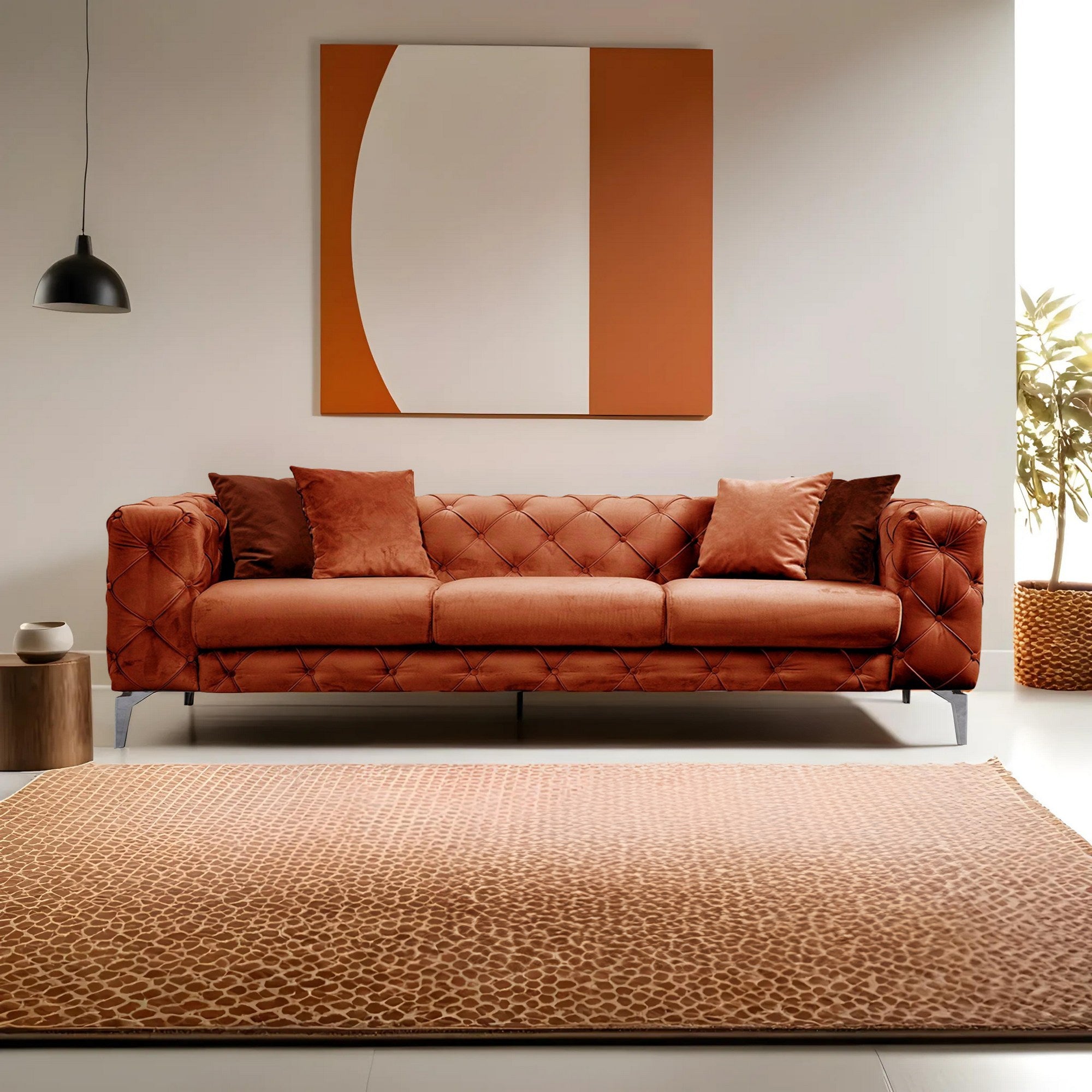 Sofá moderno de 3 lugares, laranja, 237 cm | Estrutura em madeira de faia, 100% poliéster, pernas cromadas | Inclui 4 almofadas, capas removíveis, elegante e confortável