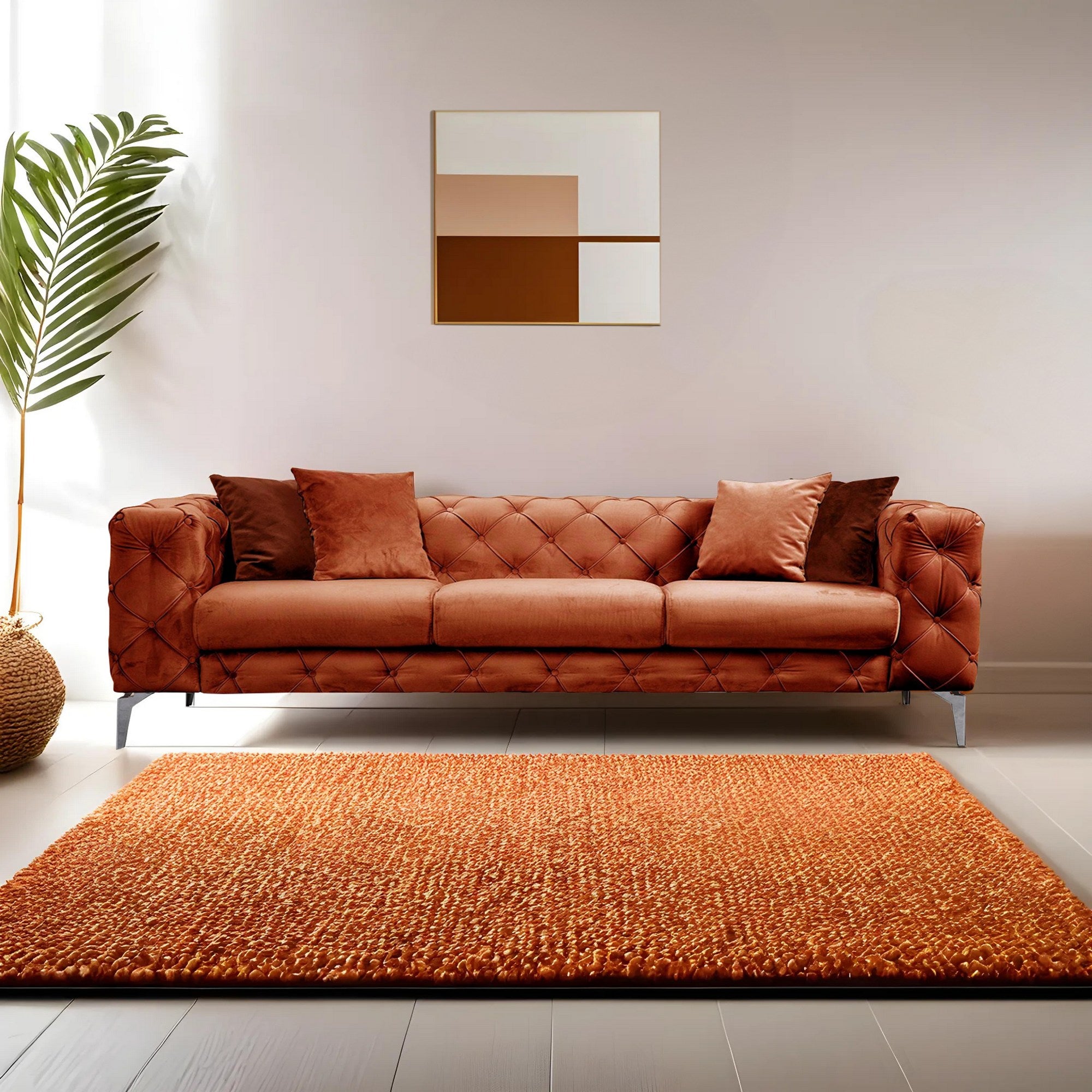 Sofá moderno de 3 lugares, laranja, 237 cm | Estrutura em madeira de faia, 100% poliéster, pernas cromadas | Inclui 4 almofadas, capas removíveis, elegante e confortável