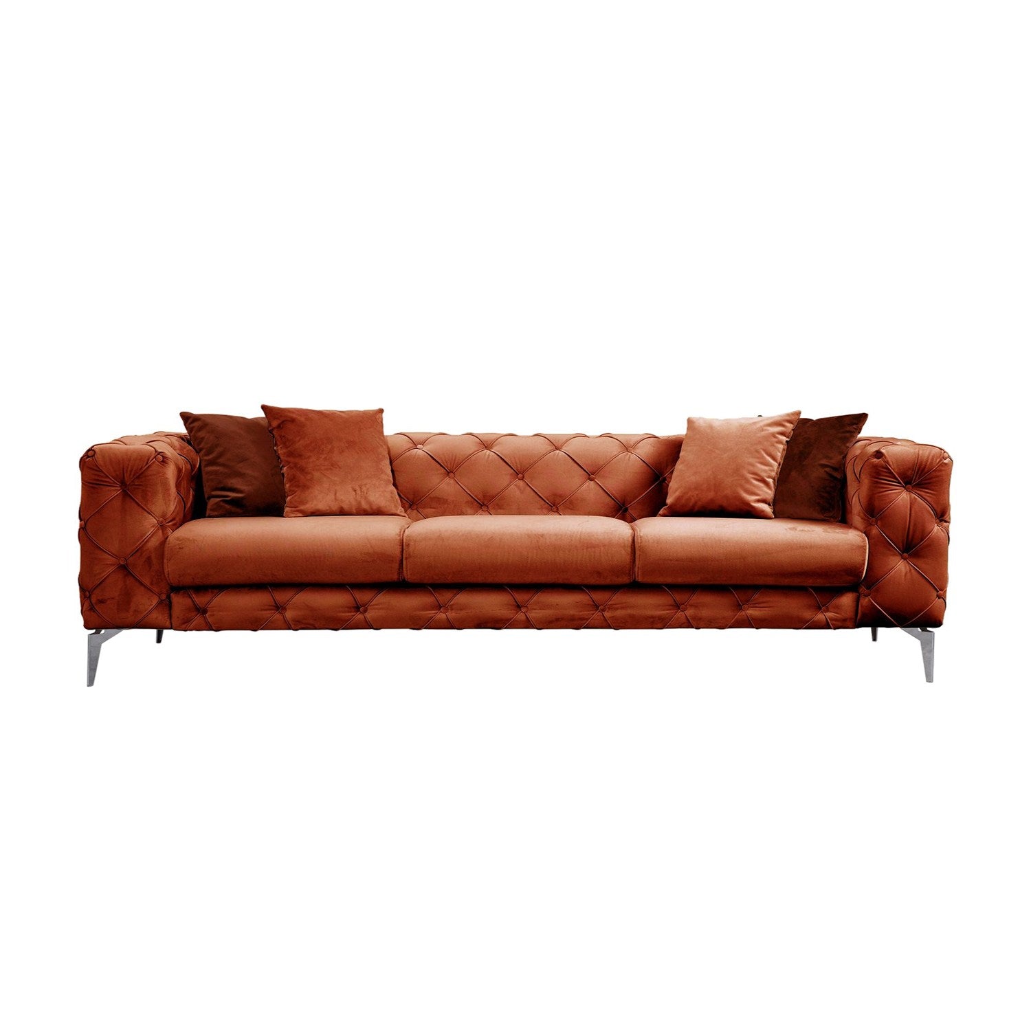 Sofá moderno de 3 lugares, laranja, 237 cm | Estrutura em madeira de faia, 100% poliéster, pernas cromadas | Inclui 4 almofadas, capas removíveis, elegante e confortável