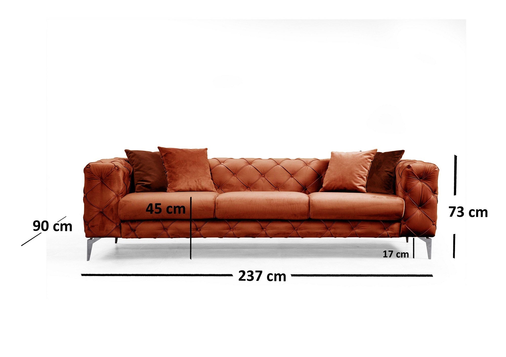 Sofá moderno de 3 lugares, laranja, 237 cm | Estrutura em madeira de faia, 100% poliéster, pernas cromadas | Inclui 4 almofadas, capas removíveis, elegante e confortável