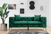 Sofá moderno de 2 lugares, verde, 197 cm | Estrutura em madeira de faia e aglomerado, 100% poliéster, pernas cromadas | Inclui 2 almofadas, capas removíveis, elegante e confortável
