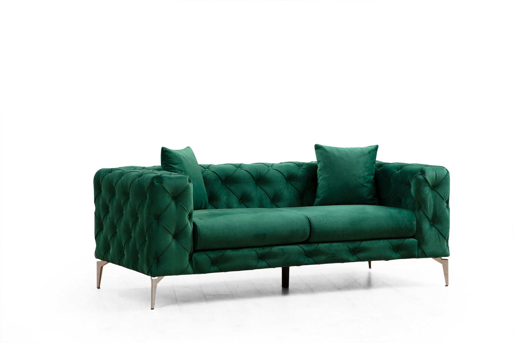 Sofá moderno de 2 lugares, verde, 197 cm | Estrutura em madeira de faia e aglomerado, 100% poliéster, pernas cromadas | Inclui 2 almofadas, capas removíveis, elegante e confortável
