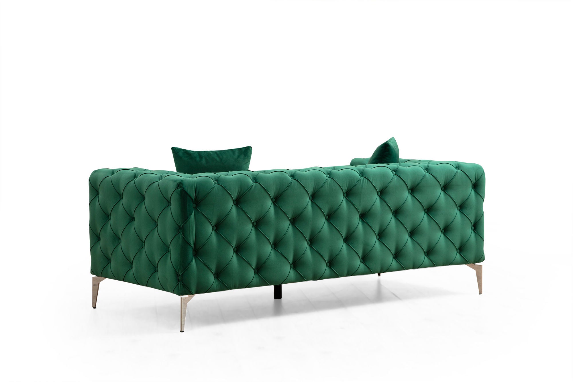 Sofá moderno de 2 lugares, verde, 197 cm | Estrutura em madeira de faia e aglomerado, 100% poliéster, pernas cromadas | Inclui 2 almofadas, capas removíveis, elegante e confortável