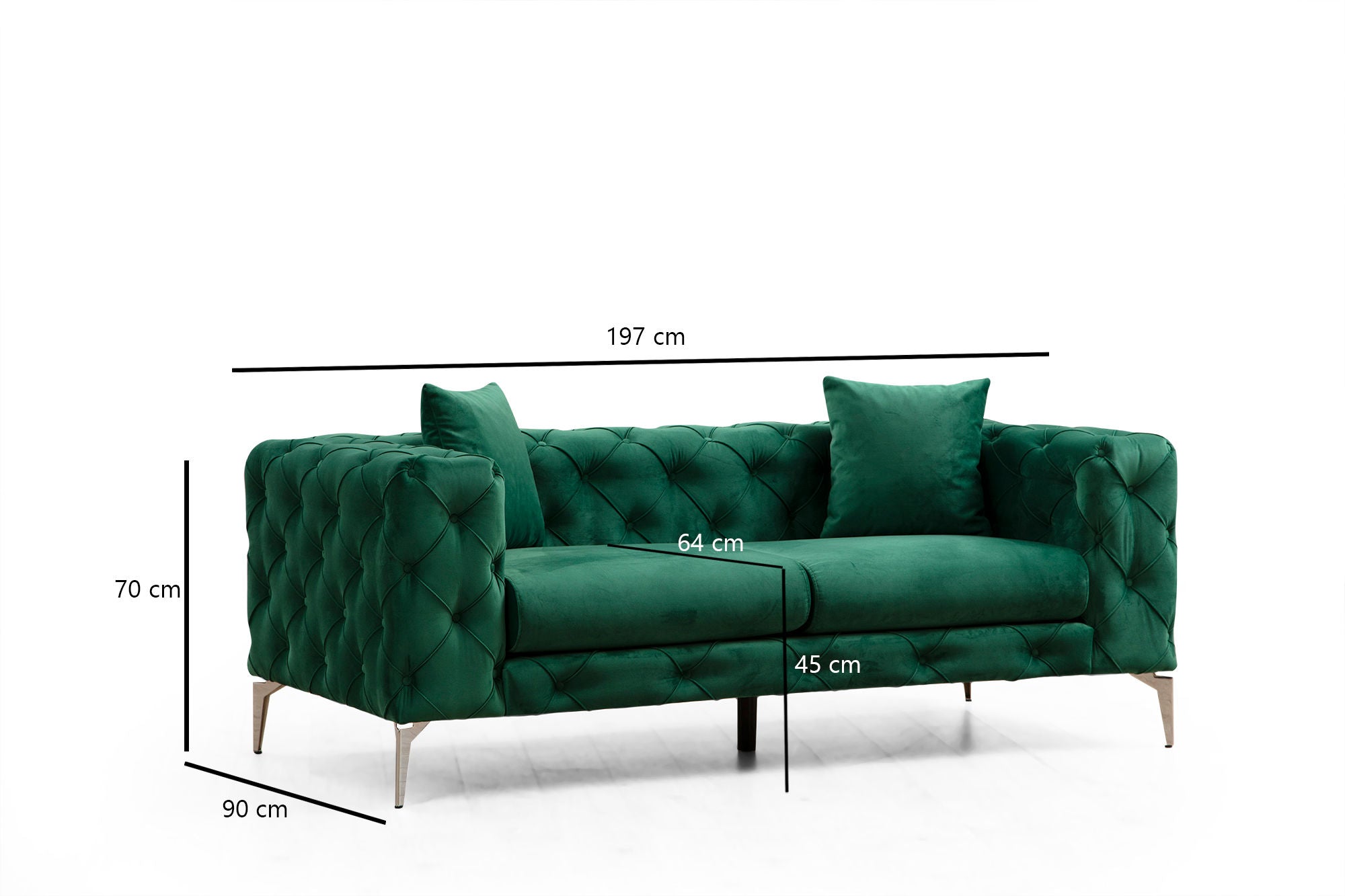 Sofá moderno de 2 lugares, verde, 197 cm | Estrutura em madeira de faia e aglomerado, 100% poliéster, pernas cromadas | Inclui 2 almofadas, capas removíveis, elegante e confortável