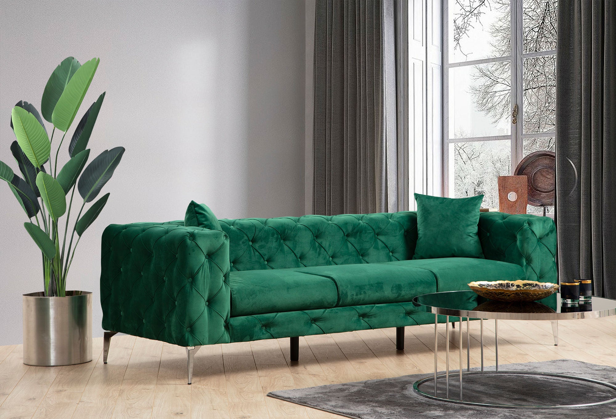Sofá moderno de 3 lugares em verde, estrutura de madeira de faia e aglomerado, 237 cm | 100% poliéster, pernas cromadas, almofadas removíveis, perfeito para espaços glamorosos