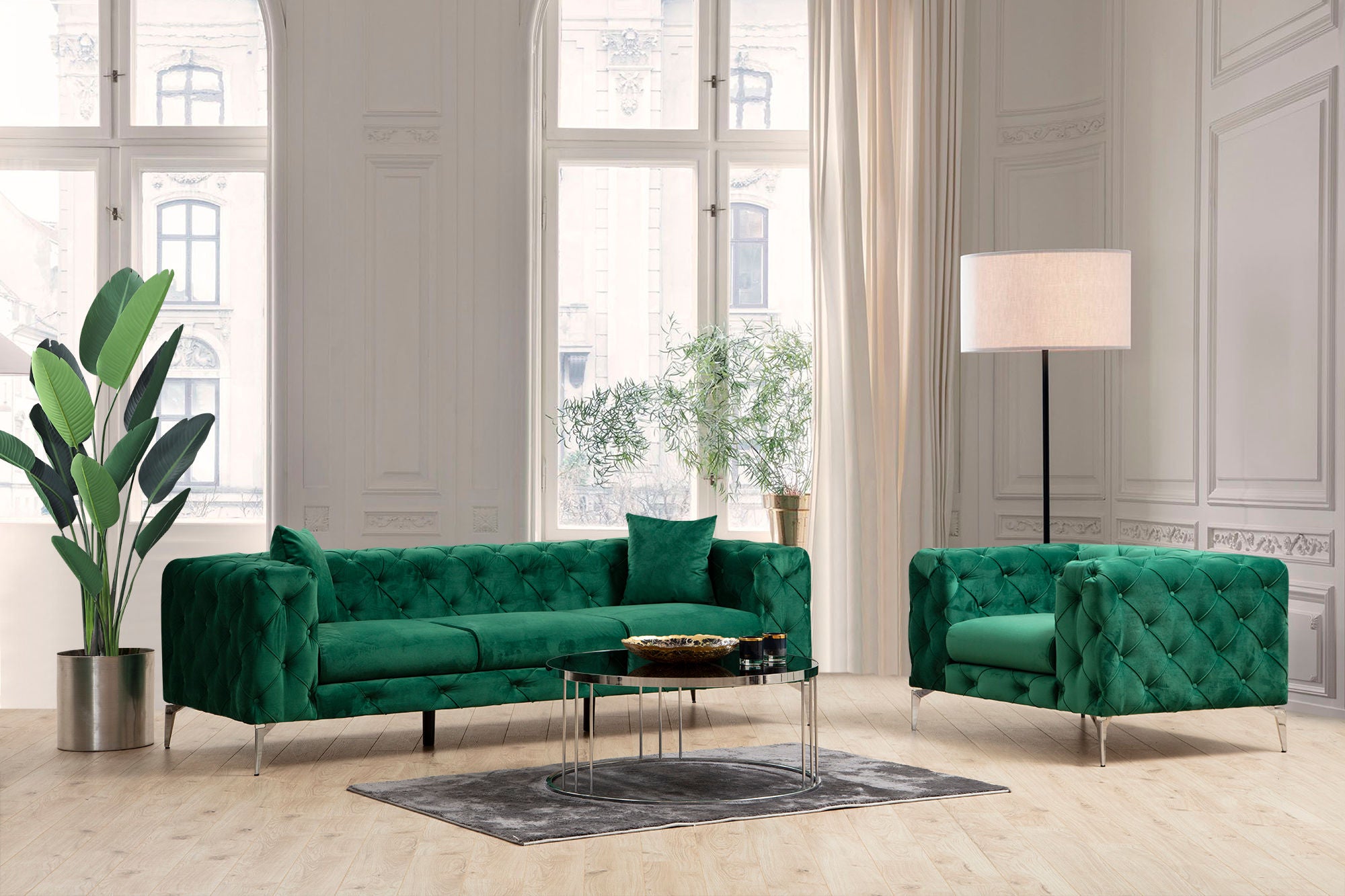Sofá moderno de 3 lugares em verde, estrutura de madeira de faia e aglomerado, 237 cm | 100% poliéster, pernas cromadas, almofadas removíveis, perfeito para espaços glamorosos