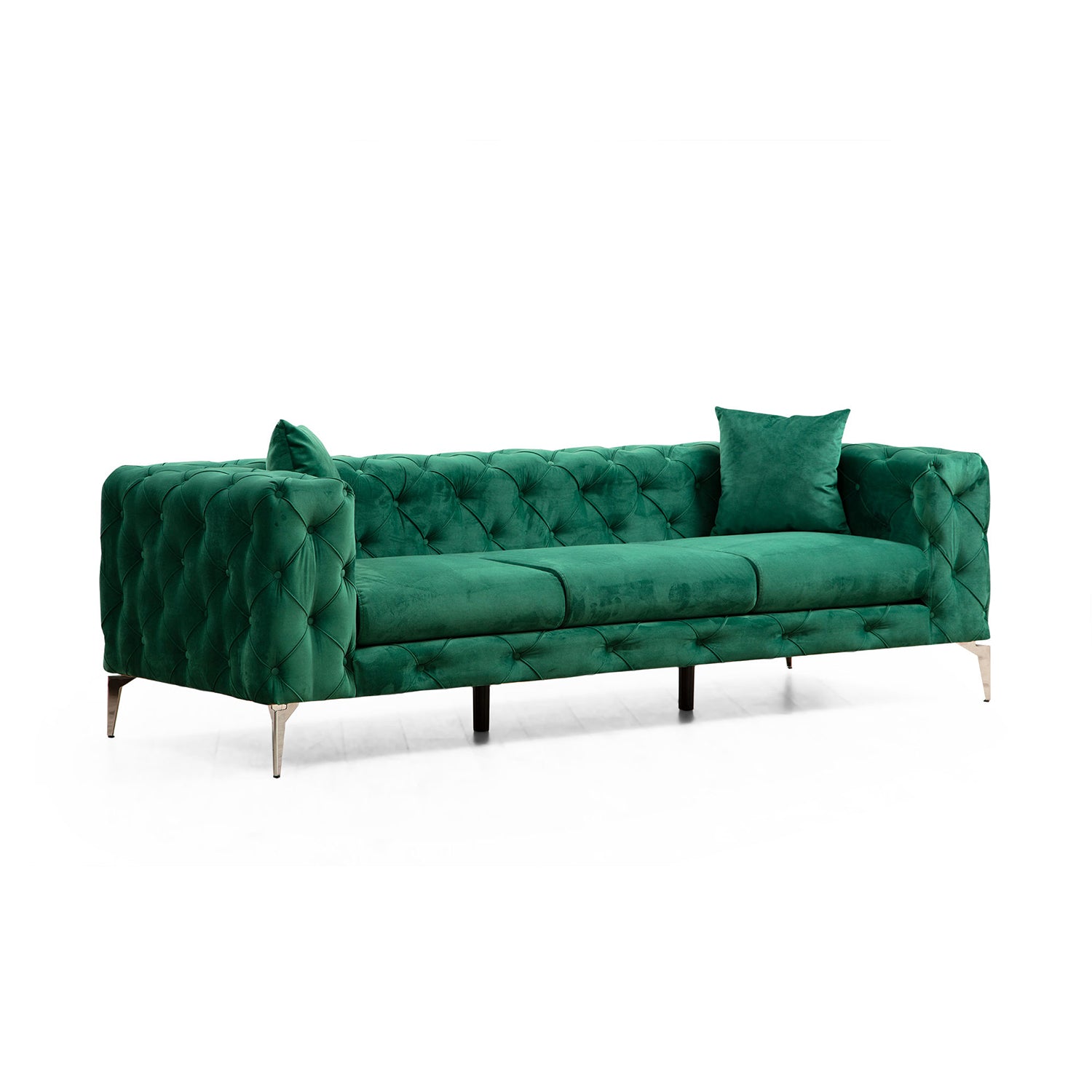 Sofá moderno de 3 lugares em verde, estrutura de madeira de faia e aglomerado, 237 cm | 100% poliéster, pernas cromadas, almofadas removíveis, perfeito para espaços glamorosos