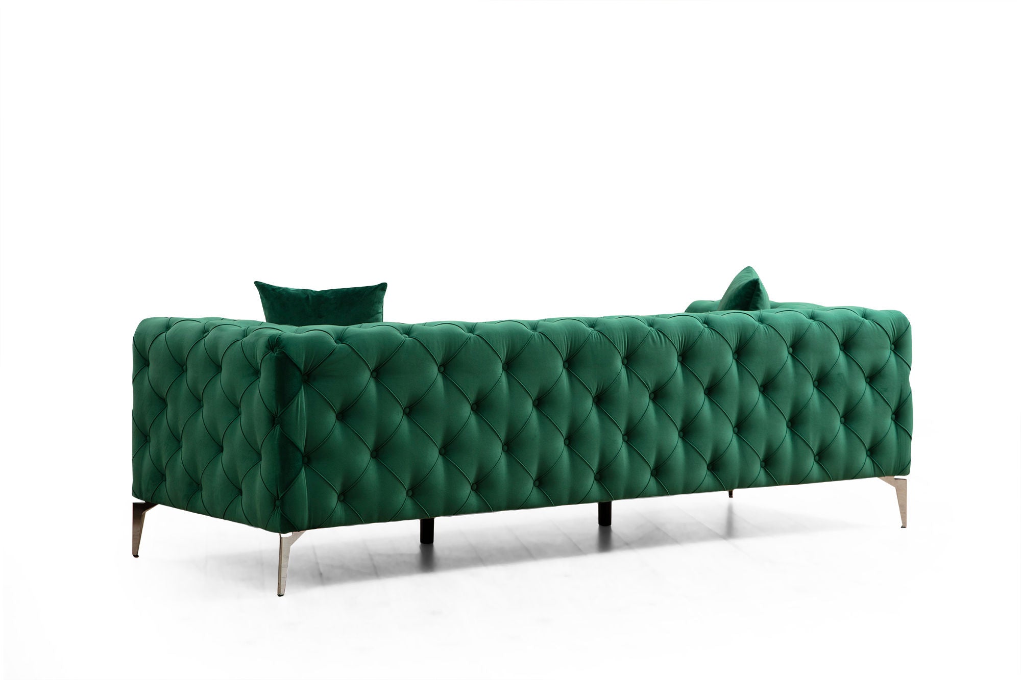 Sofá moderno de 3 lugares em verde, estrutura de madeira de faia e aglomerado, 237 cm | 100% poliéster, pernas cromadas, almofadas removíveis, perfeito para espaços glamorosos