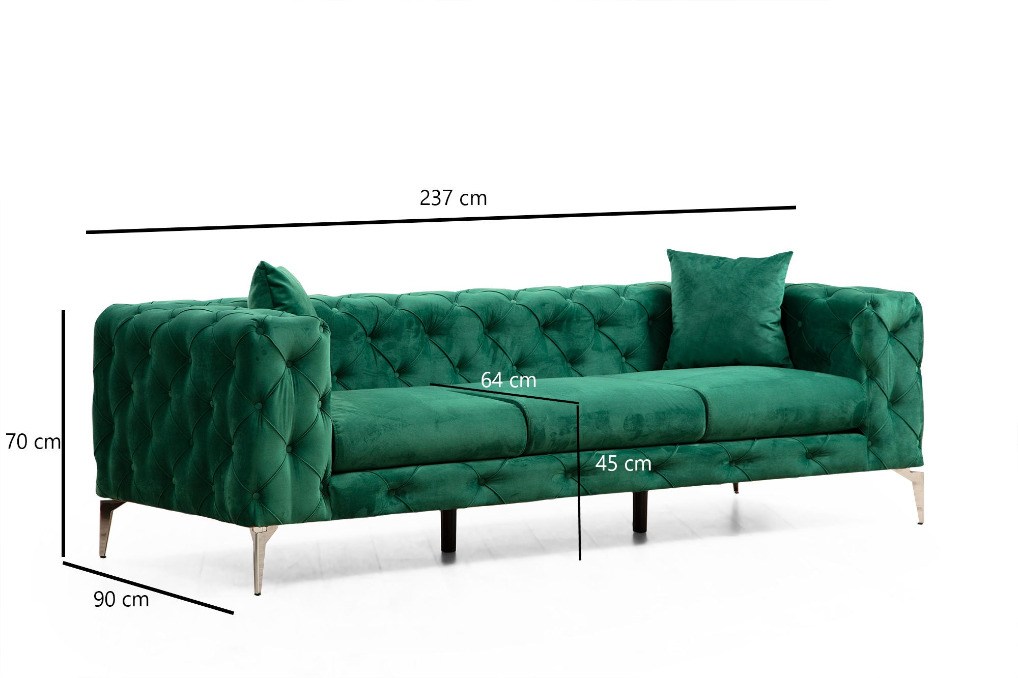 Sofá moderno de 3 lugares em verde, estrutura de madeira de faia e aglomerado, 237 cm | 100% poliéster, pernas cromadas, almofadas removíveis, perfeito para espaços glamorosos