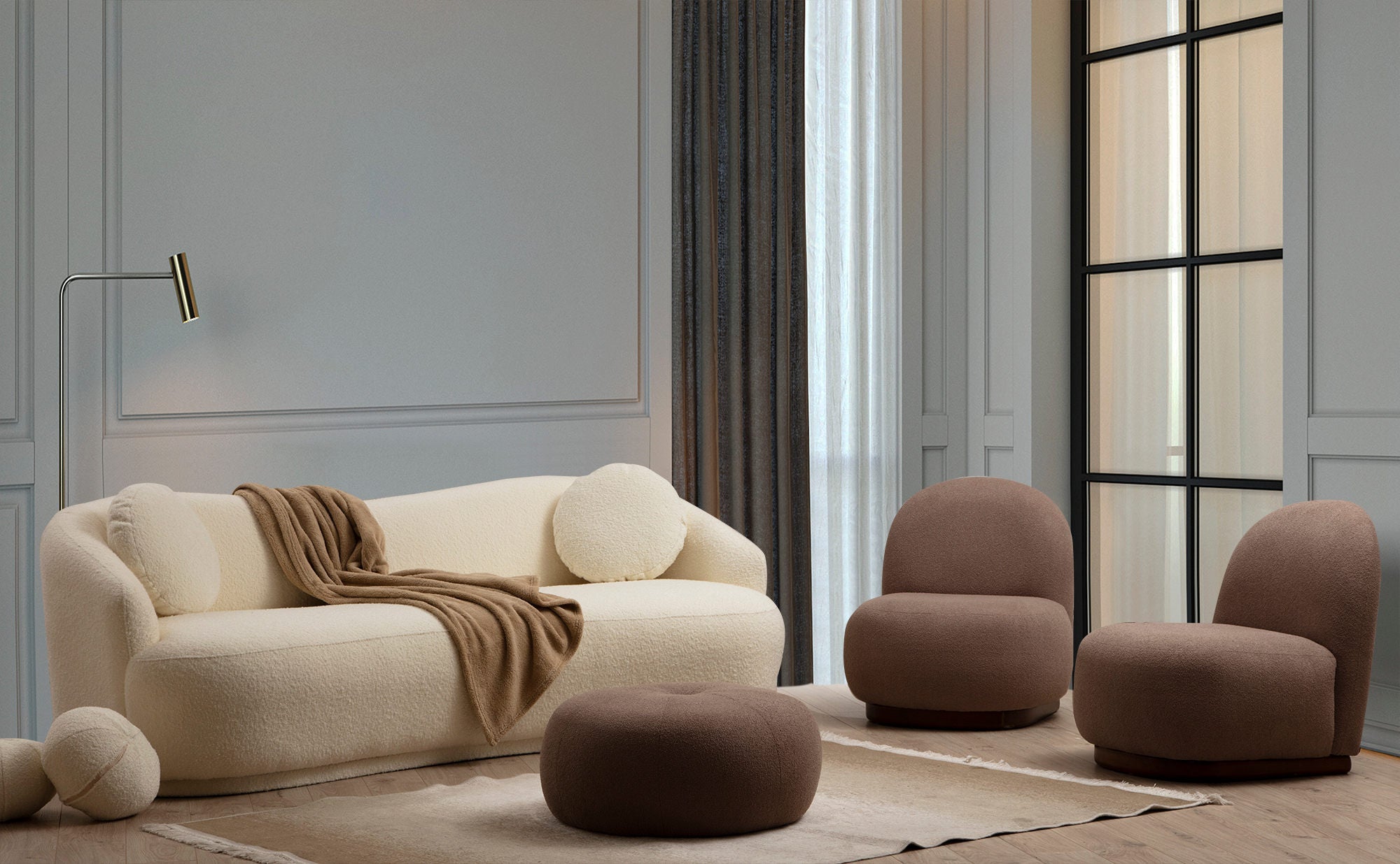 Sofá elegante de 3 lugares, cor creme, estrutura em madeira de faia e aglomerado, 225 cm | 100% poliéster, almofadas fixas, pés de nogueira | Design escandinavo moderno