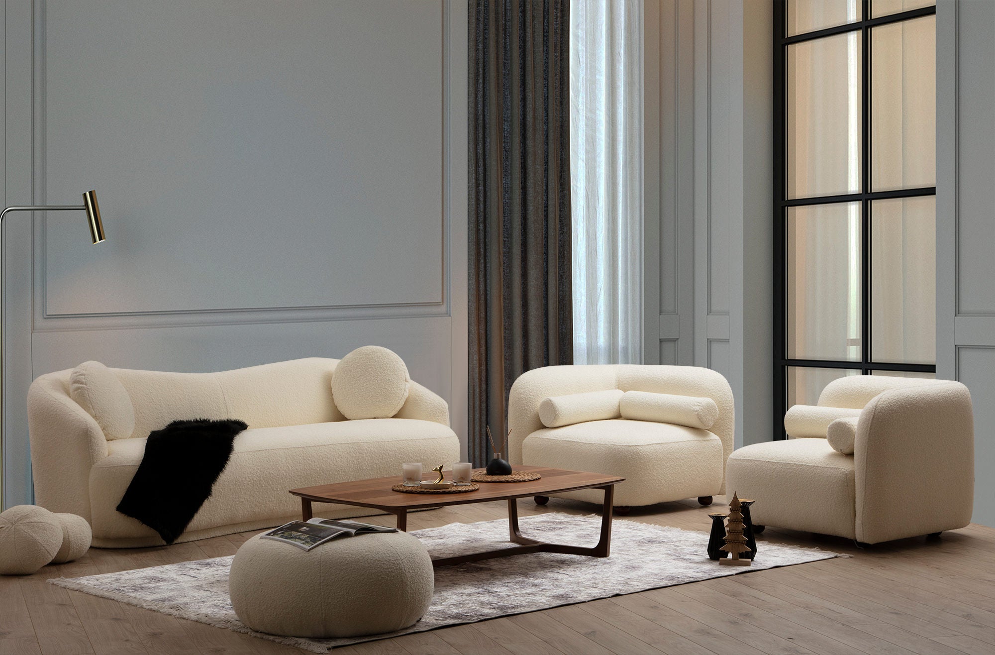 Sofá elegante de 3 lugares, cor creme, estrutura em madeira de faia e aglomerado, 225 cm | 100% poliéster, almofadas fixas, pés de nogueira | Design escandinavo moderno