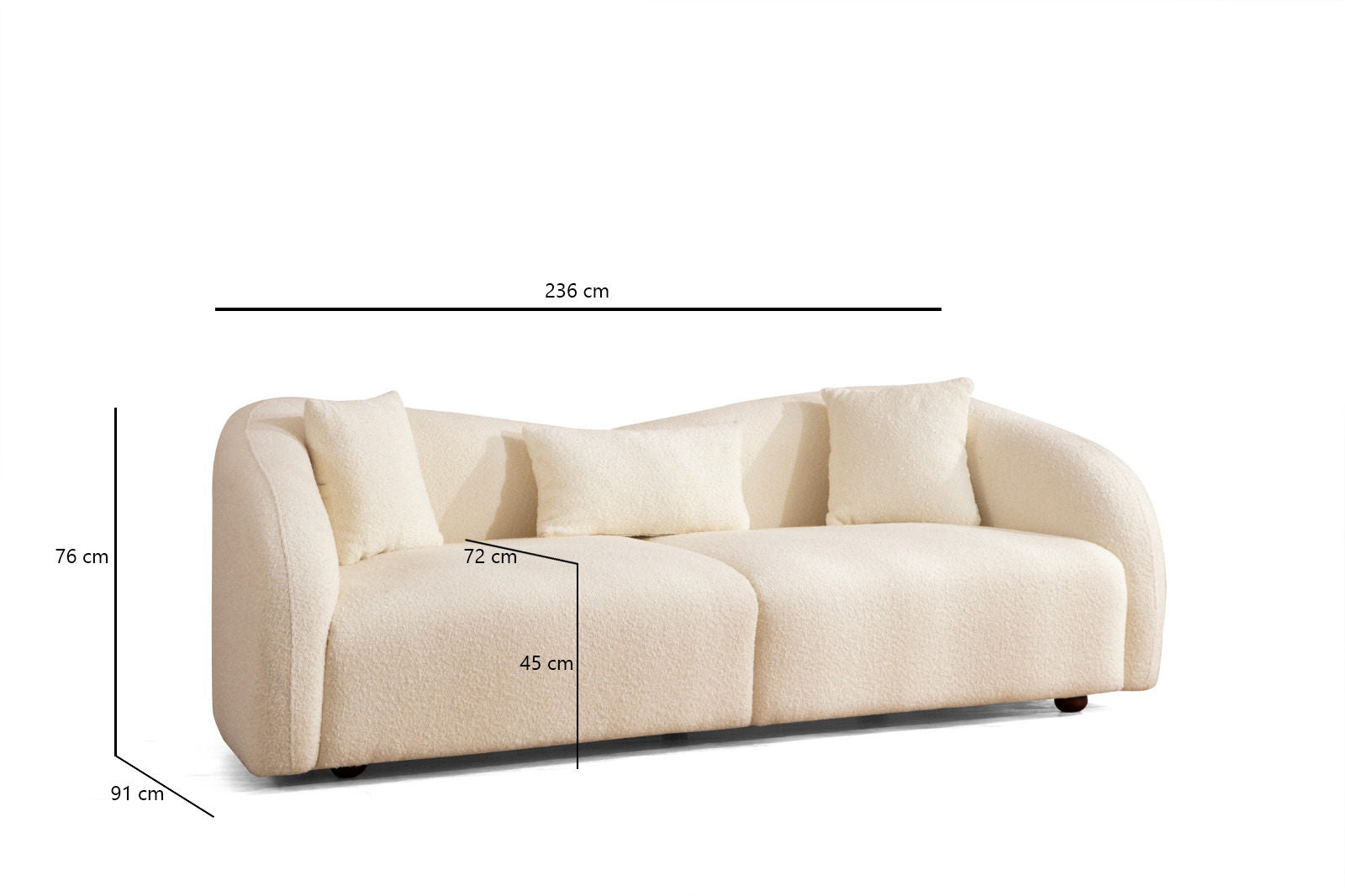 Sofá elegante de 3 lugares, cor creme, estrutura de madeira de faia e aglomerado, 236 cm | 100% poliéster, almofadas de espuma e penas, pernas de nogueira | Design escandinavo moderno