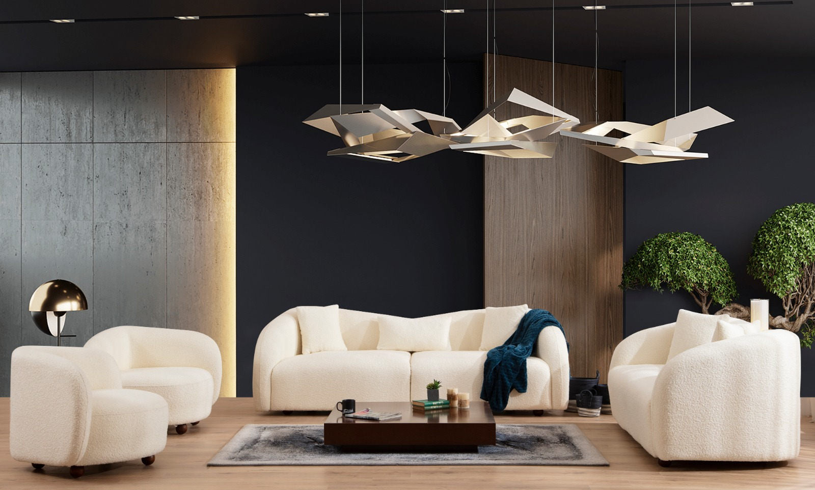 Sofá elegante de 3 lugares, cor creme, estrutura de madeira de faia e aglomerado, 236 cm | 100% poliéster, almofadas de espuma e penas, pernas de nogueira | Design escandinavo moderno