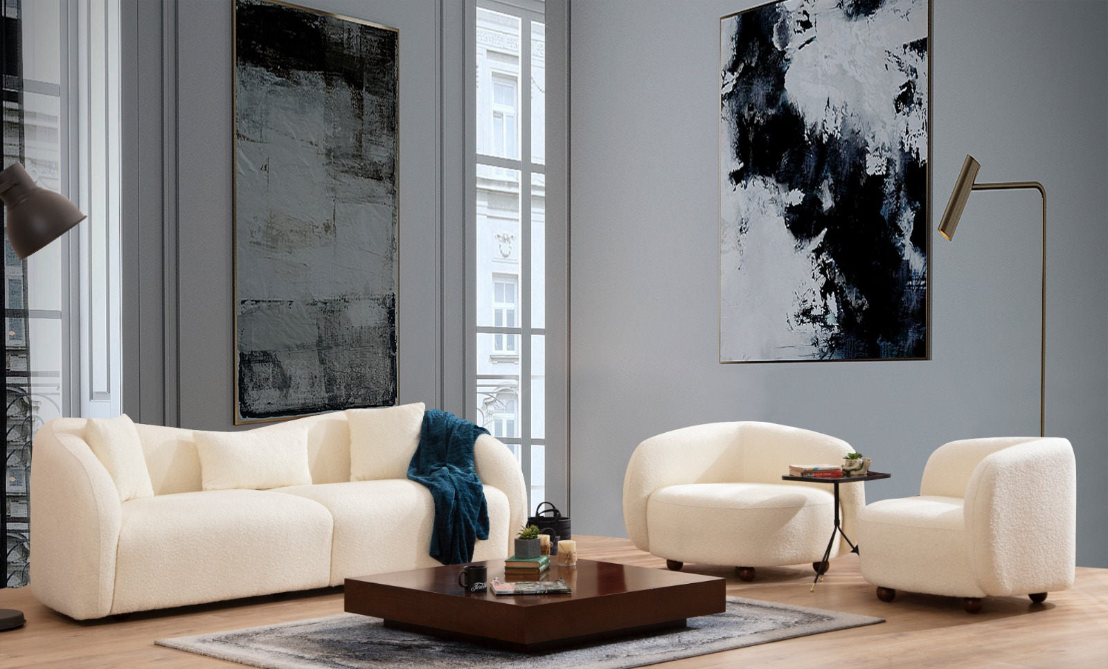 Sofá elegante de 3 lugares, cor creme, estrutura de madeira de faia e aglomerado, 236 cm | 100% poliéster, almofadas de espuma e penas, pernas de nogueira | Design escandinavo moderno