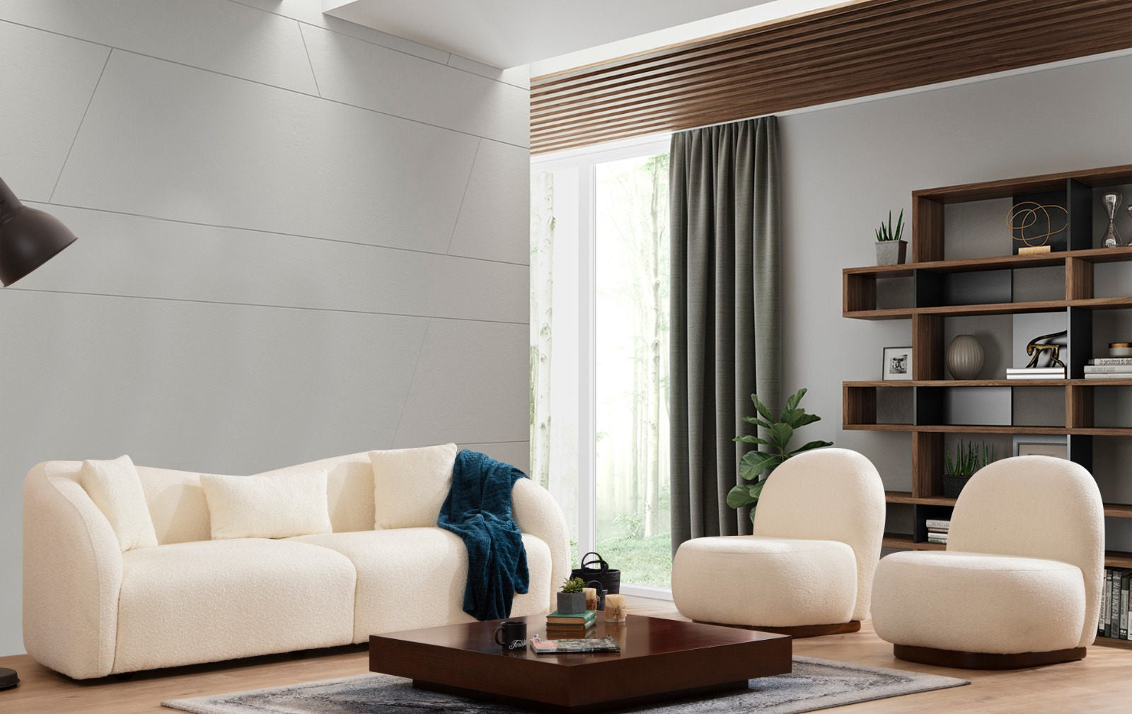 Sofá elegante de 3 lugares, cor creme, estrutura de madeira de faia e aglomerado, 236 cm | 100% poliéster, almofadas de espuma e penas, pernas de nogueira | Design escandinavo moderno
