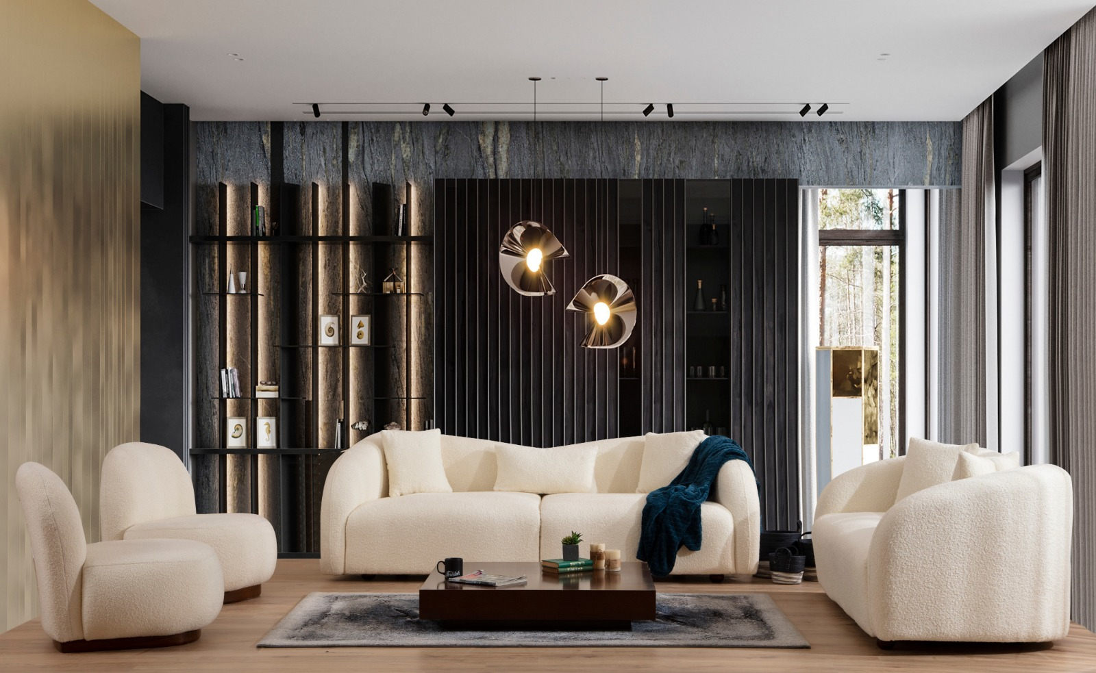 Sofá elegante de 3 lugares, cor creme, estrutura de madeira de faia e aglomerado, 236 cm | 100% poliéster, almofadas de espuma e penas, pernas de nogueira | Design escandinavo moderno