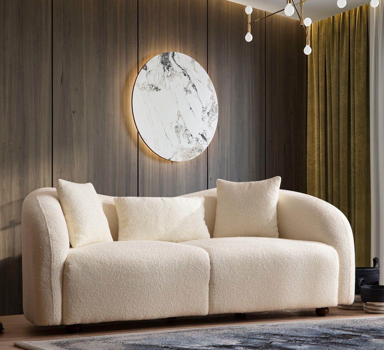 Sofá moderno de 2 lugares, cor creme, estrutura de madeira de faia e aglomerado, 190 x 76 x 91 cm | 100% poliéster, pernas de nogueira, inclui 2 almofadas, tecido lavável a seco