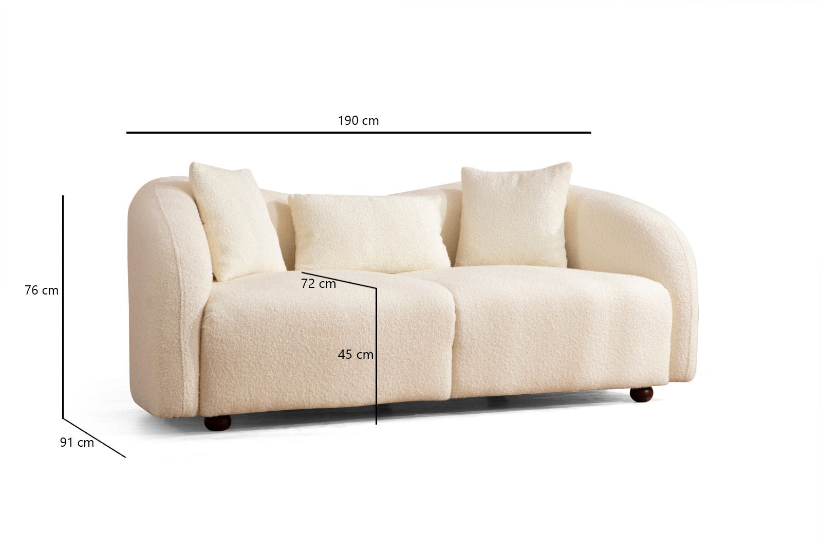 Sofá moderno de 2 lugares, cor creme, estrutura de madeira de faia e aglomerado, 190 x 76 x 91 cm | 100% poliéster, pernas de nogueira, inclui 2 almofadas, tecido lavável a seco