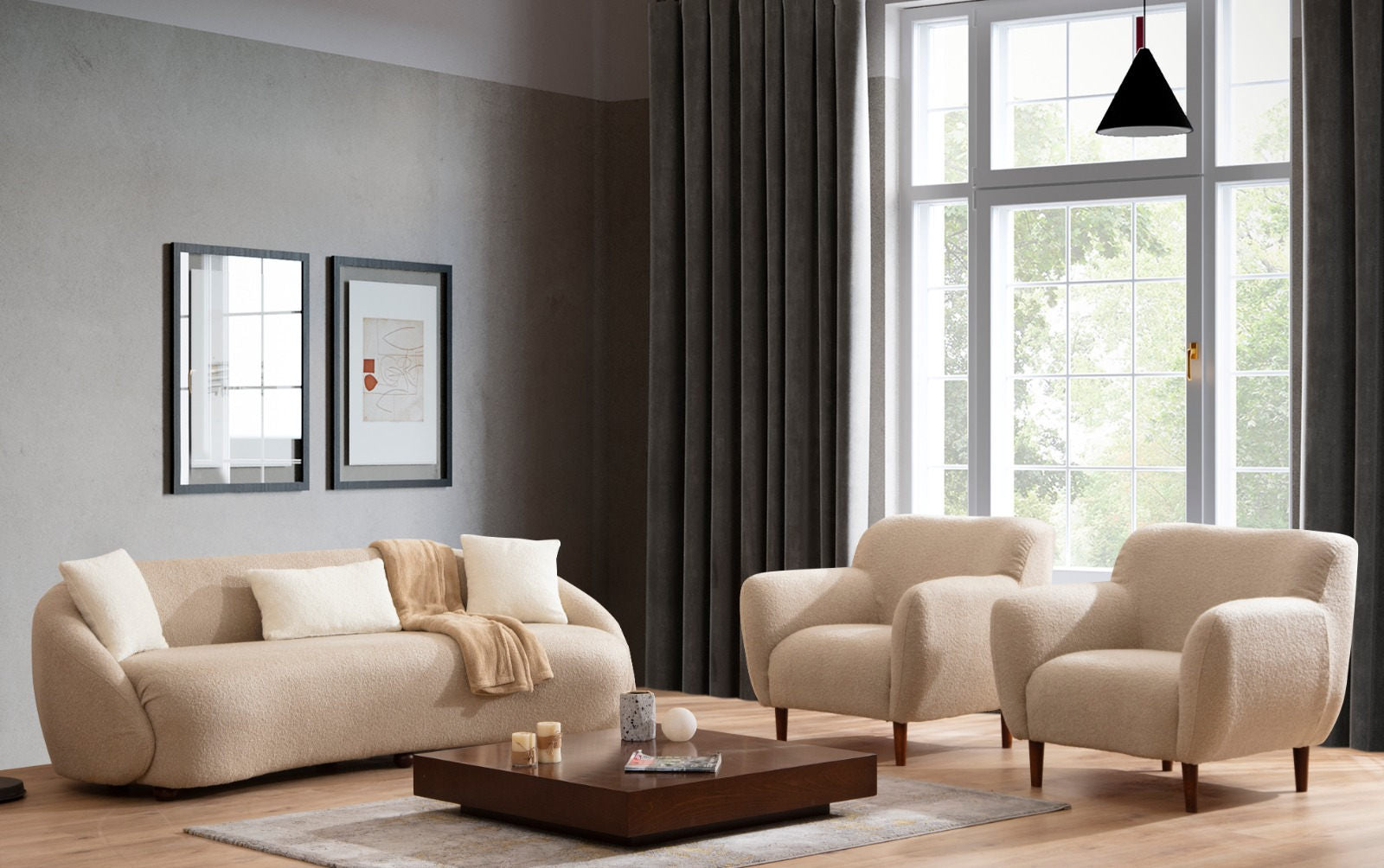 Sofá moderno de 3 lugares, cappuccino, 230 cm | Estrutura em madeira de faia, 100% poliéster, almofadas fixas, pés em nogueira | Elegante e confortável para casa e hotel