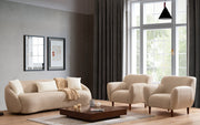 Sofá moderno de 3 lugares, cappuccino, 230 cm | Estrutura em madeira de faia, 100% poliéster, almofadas fixas, pés em nogueira | Elegante e confortável para casa e hotel