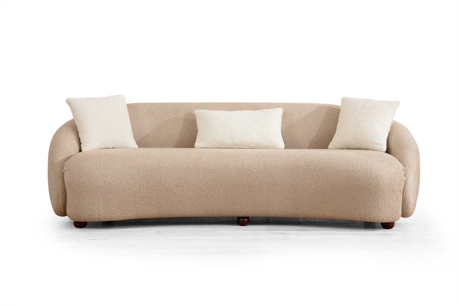 Sofá moderno de 3 lugares, cappuccino, 230 cm | Estrutura em madeira de faia, 100% poliéster, almofadas fixas, pés em nogueira | Elegante e confortável para casa e hotel