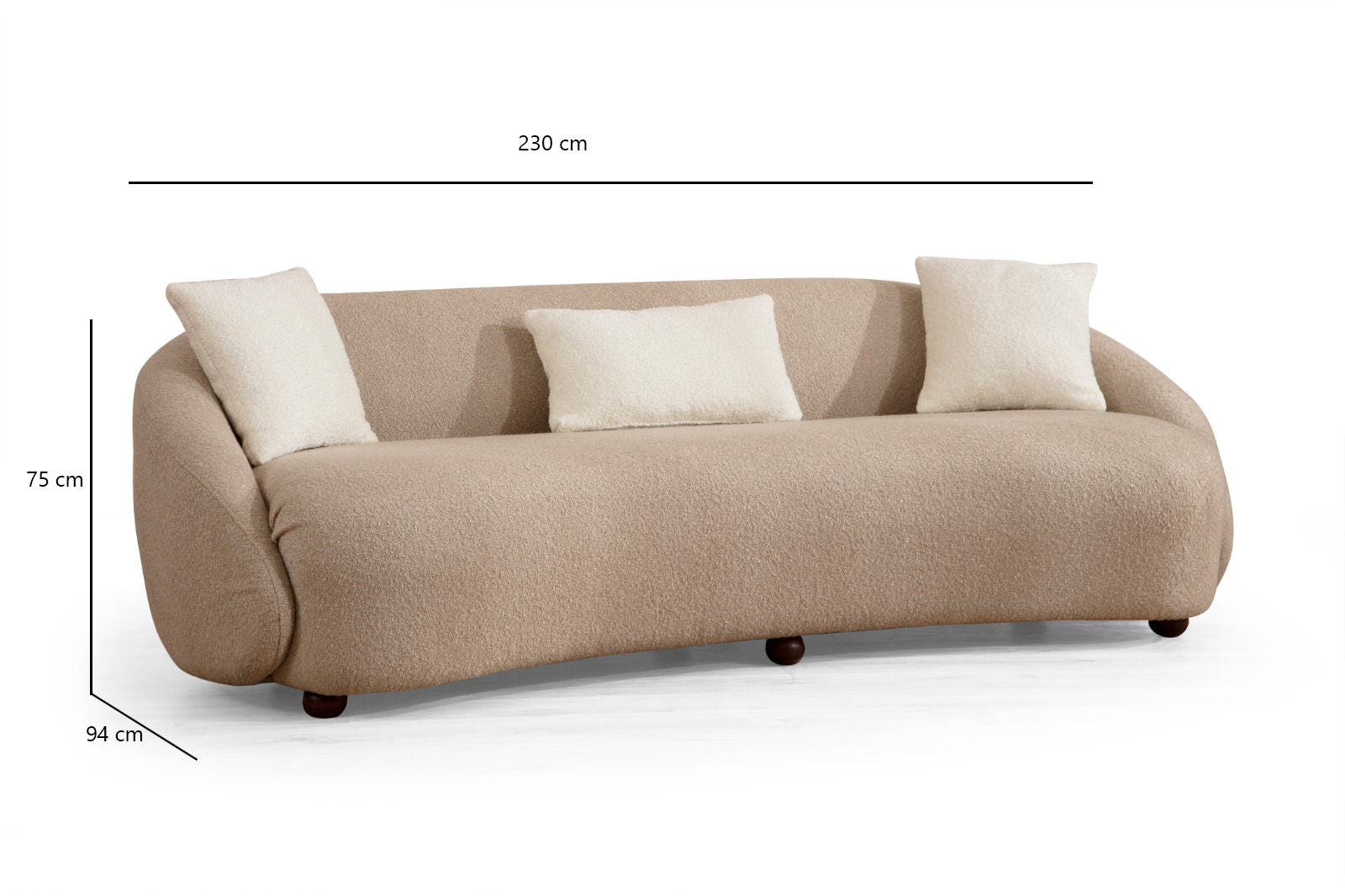 Sofá moderno de 3 lugares, cappuccino, 230 cm | Estrutura em madeira de faia, 100% poliéster, almofadas fixas, pés em nogueira | Elegante e confortável para casa e hotel