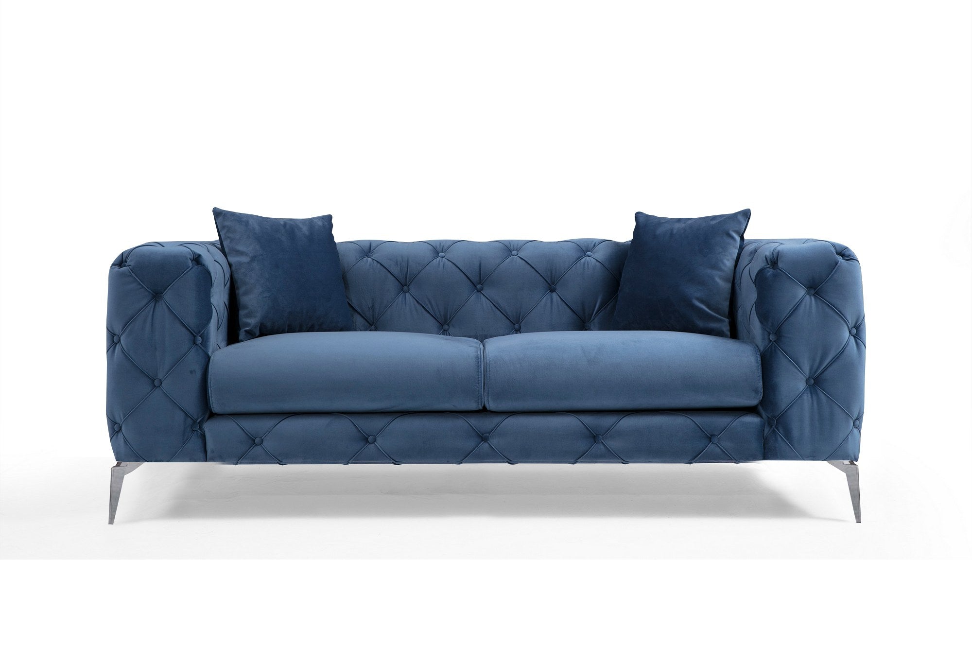 Sofá elegante de 2 lugares, azul, 197 x 73 x 90 cm | Estrutura em madeira de faia e aglomerado, 100% poliéster, pernas cromadas | Inclui 2 almofadas, almofada portátil, tecido lavável a seco