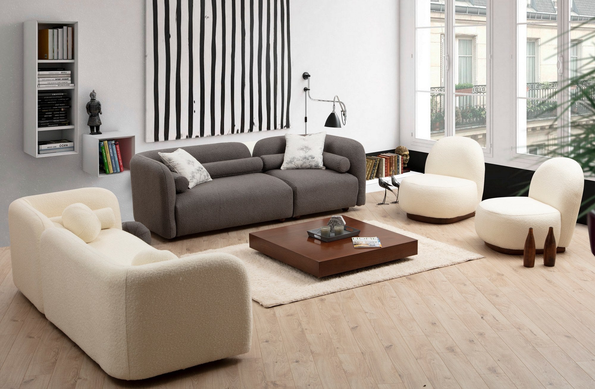 Sofá elegante de 2 lugares, cor creme, estrutura em madeira de faia e aglomerado, 190 x 74 x 90 cm | 100% poliéster, espuma 28 DNS, pernas em nogueira, inclui 2 almofadas