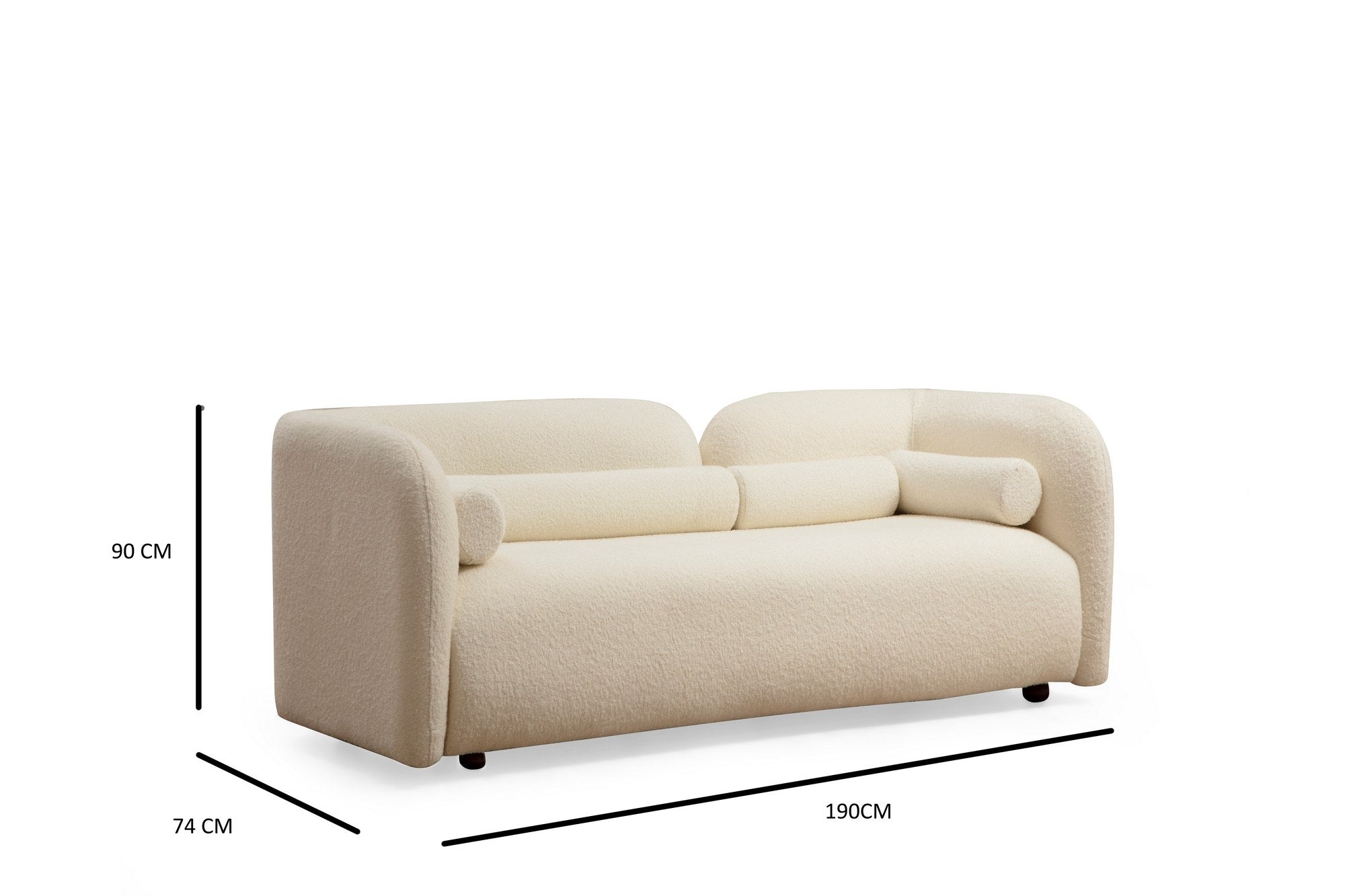 Sofá elegante de 2 lugares, cor creme, estrutura em madeira de faia e aglomerado, 190 x 74 x 90 cm | 100% poliéster, espuma 28 DNS, pernas em nogueira, inclui 2 almofadas