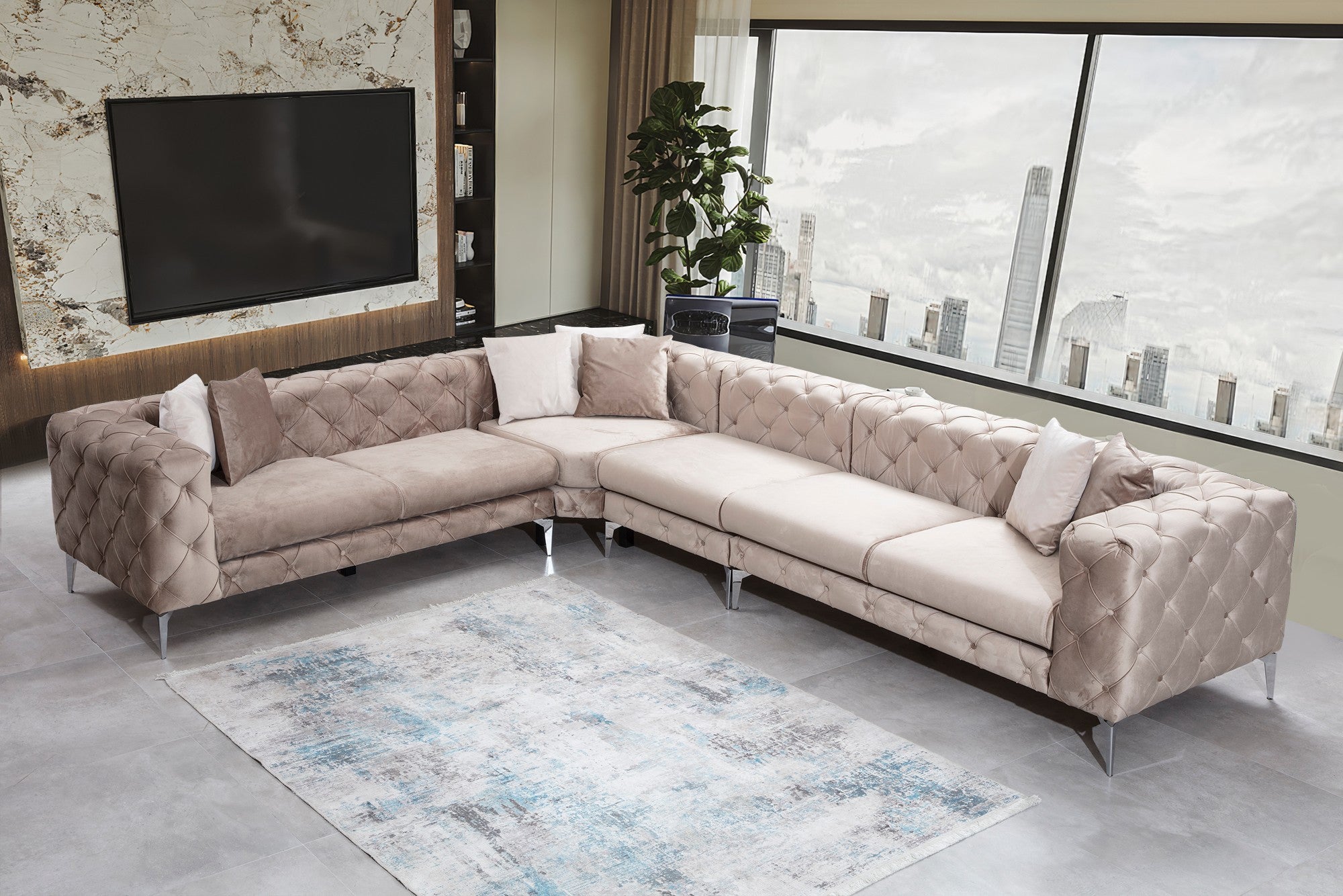 Sofá de canto moderno, bege, 310 cm x 270 cm | Estrutura em madeira de faia e aglomerado, 100% poliéster, pernas em metal preto fosco | Inclui 2 almofadas, tecido lavável a seco