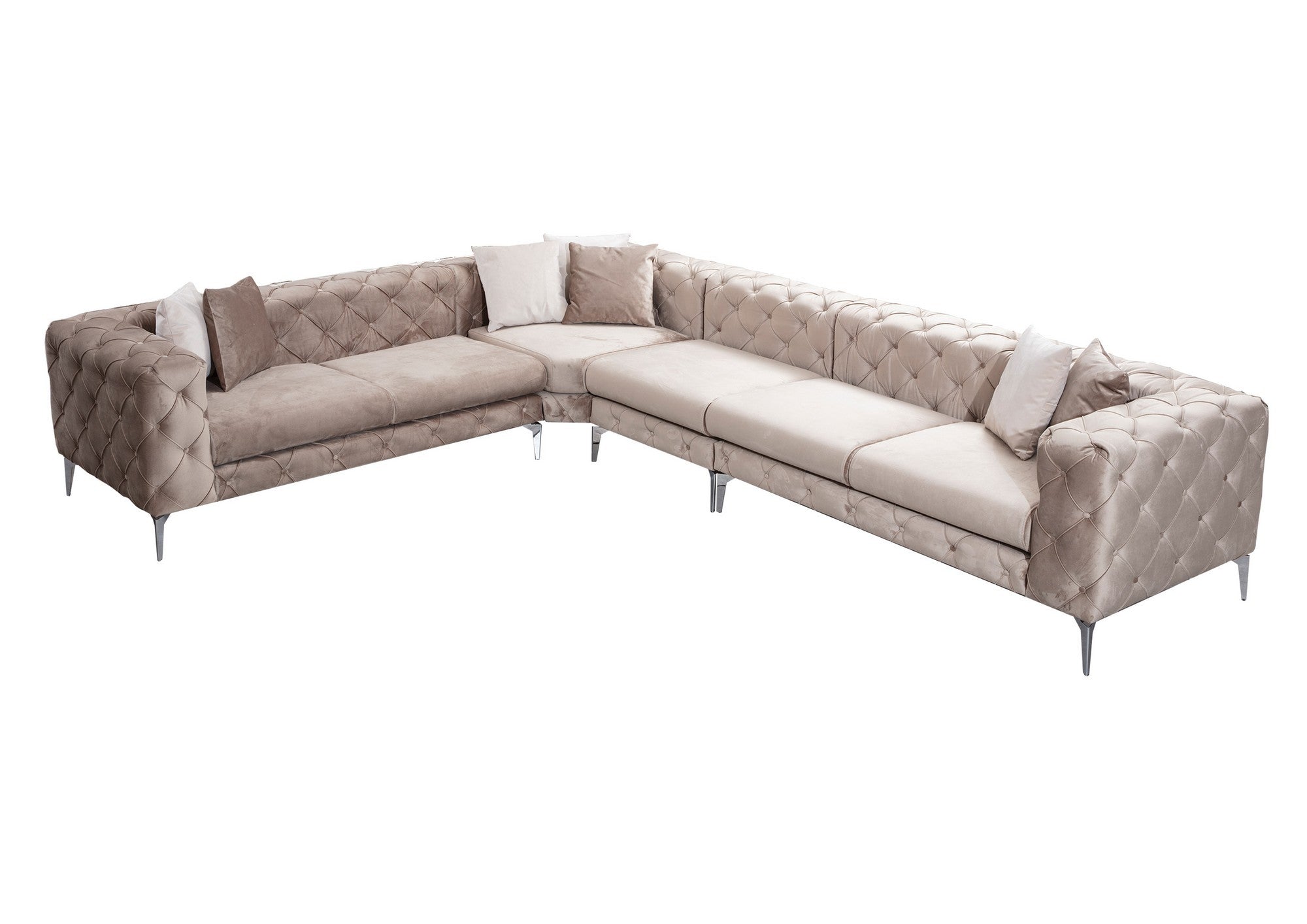 Sofá de canto moderno, bege, 310 cm x 270 cm | Estrutura em madeira de faia e aglomerado, 100% poliéster, pernas em metal preto fosco | Inclui 2 almofadas, tecido lavável a seco