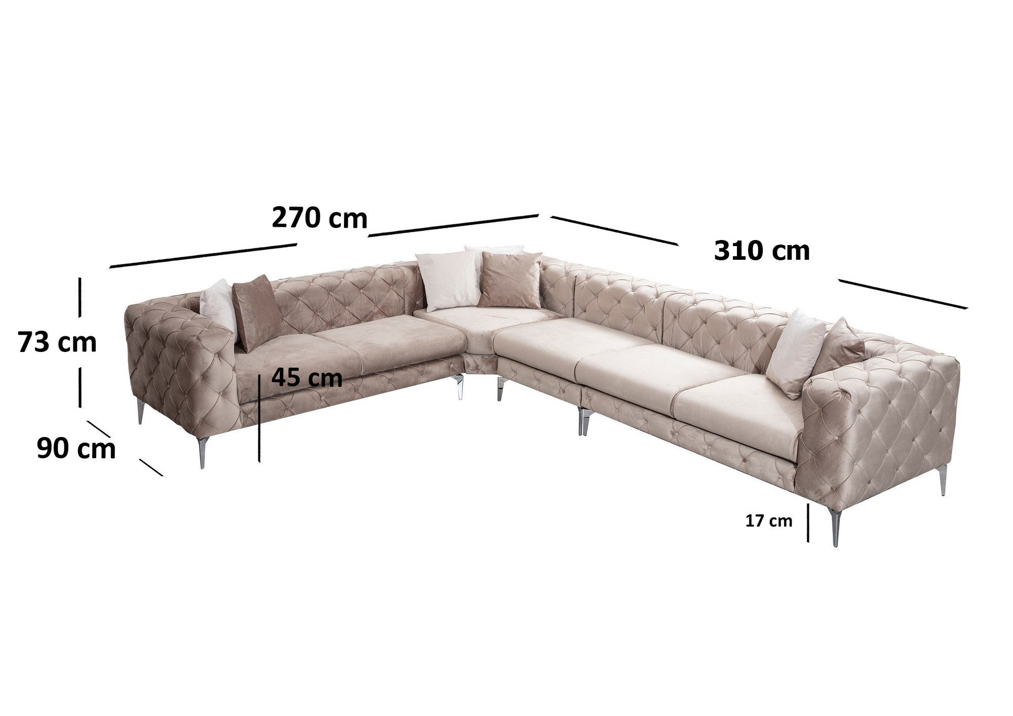 Sofá de canto moderno, bege, 310 cm x 270 cm | Estrutura em madeira de faia e aglomerado, 100% poliéster, pernas em metal preto fosco | Inclui 2 almofadas, tecido lavável a seco